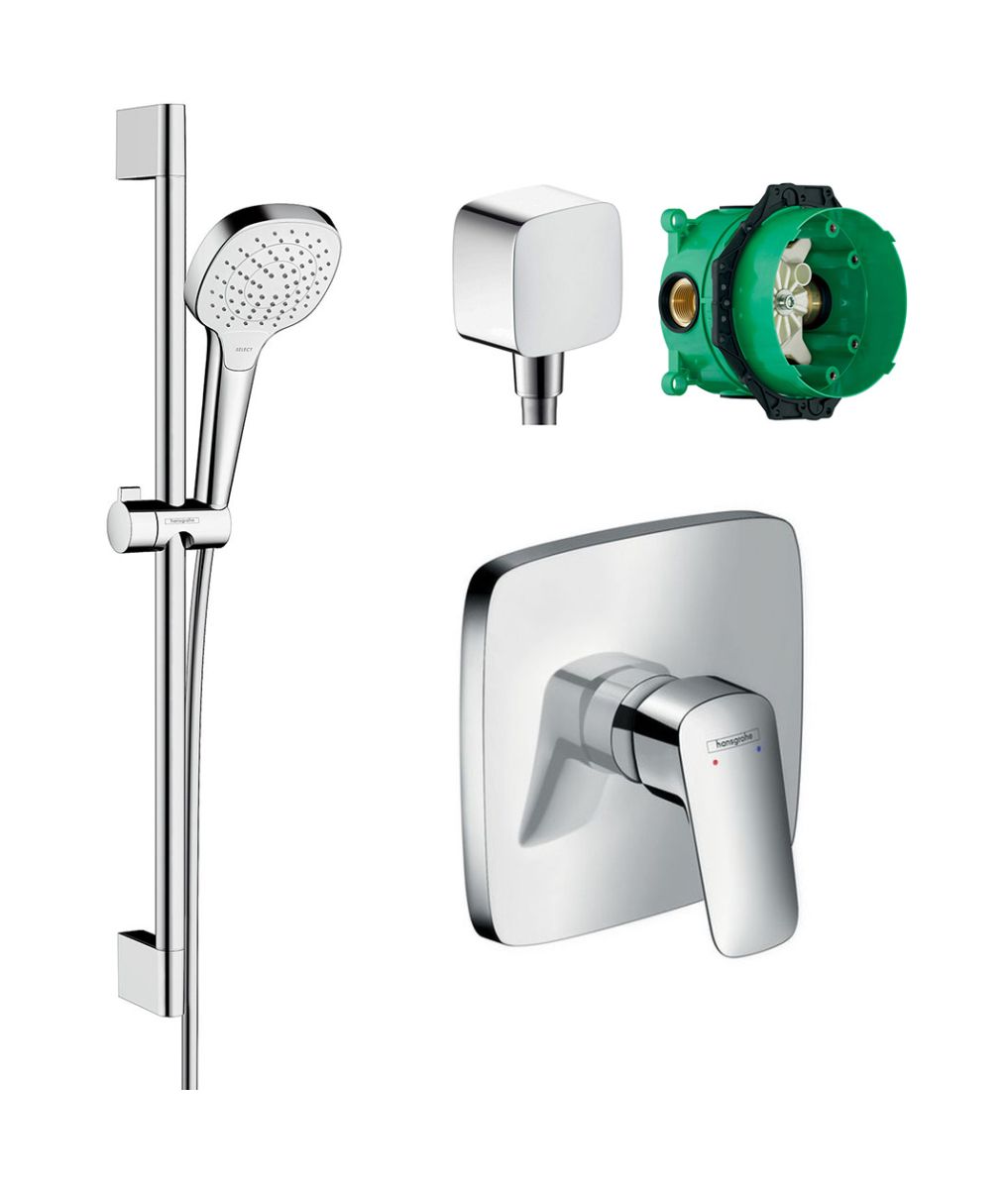 Készlet zuhanycsaptelep Hansgrohe Logis 71605000, falsík alatti csaptelep elem Hansgrohe iBox 01800180, 26582400, 26457000