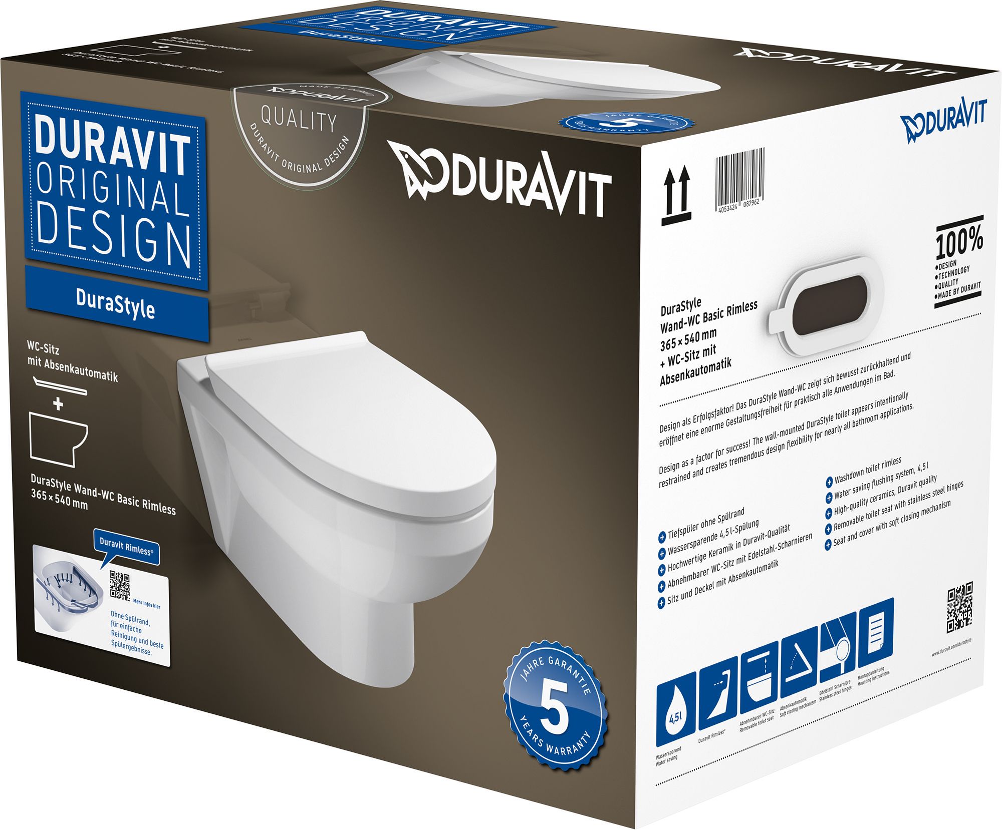 Duravit DuraStyle wc csésze lassú záródású ülőkével függesztett igen fehér 45620900A1