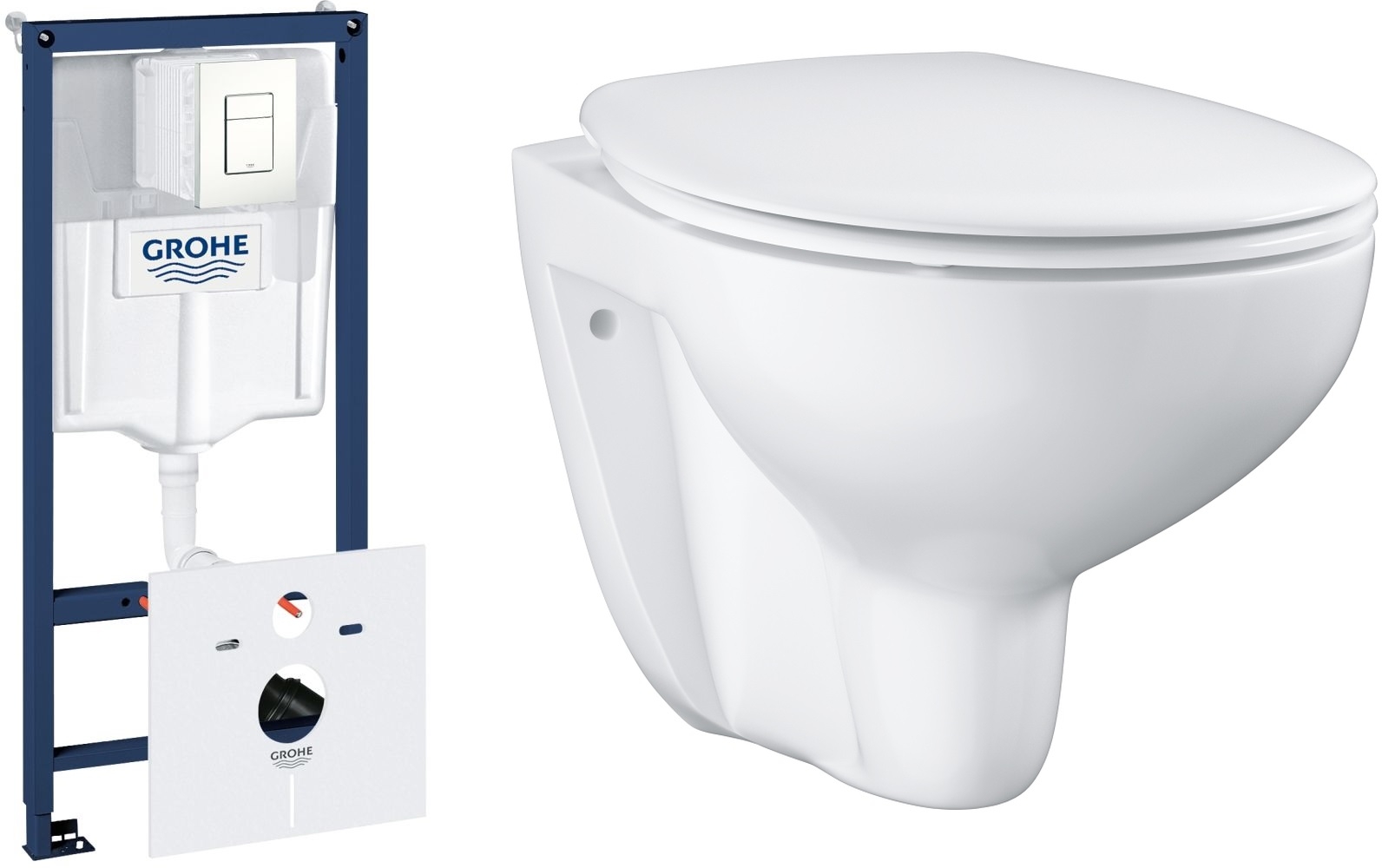 Készlet falsík alatti keret öblítőgombbal Grohe Rapid SL 39448000, WC csésze lassú záródású ülőkével Grohe Bau Ceramic 39351000