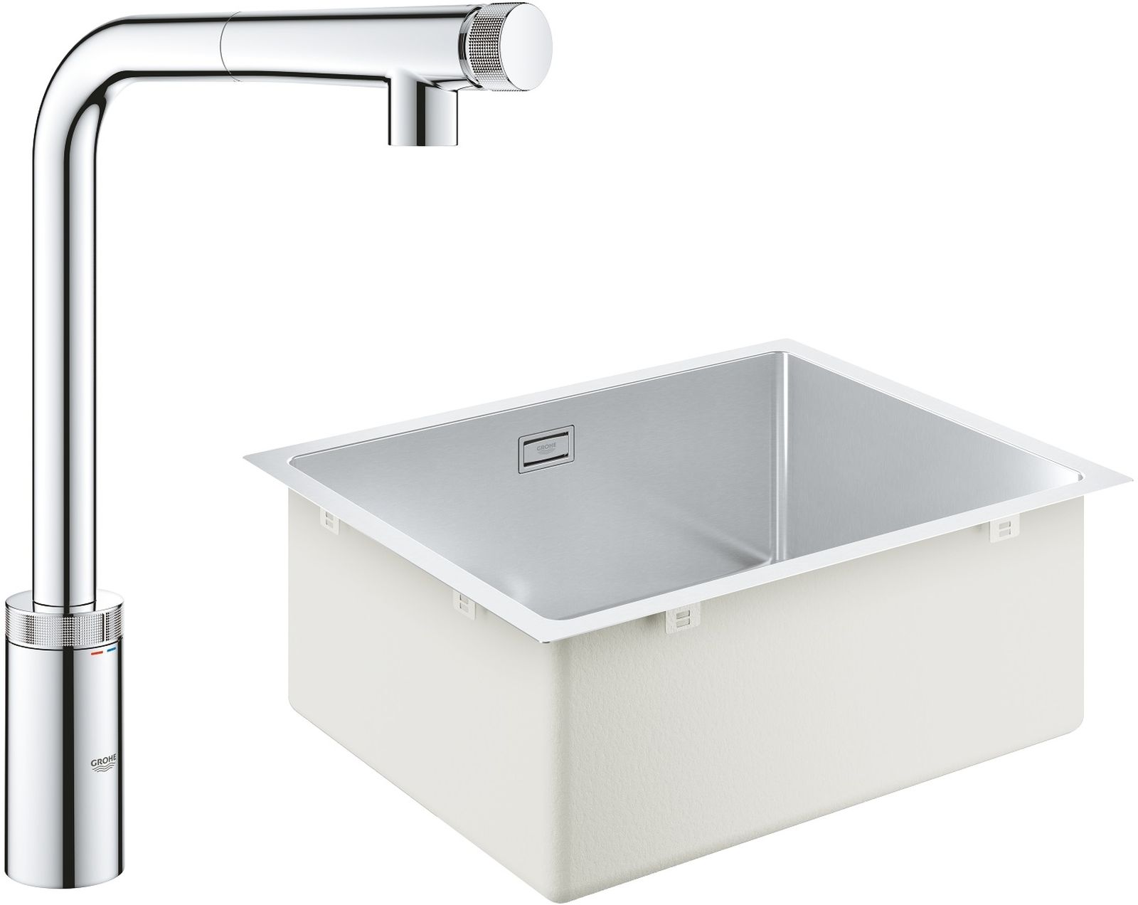 Készlet konyhai csaptelep Grohe Minta 31613000, acél mosogató Grohe K700 31574SD1