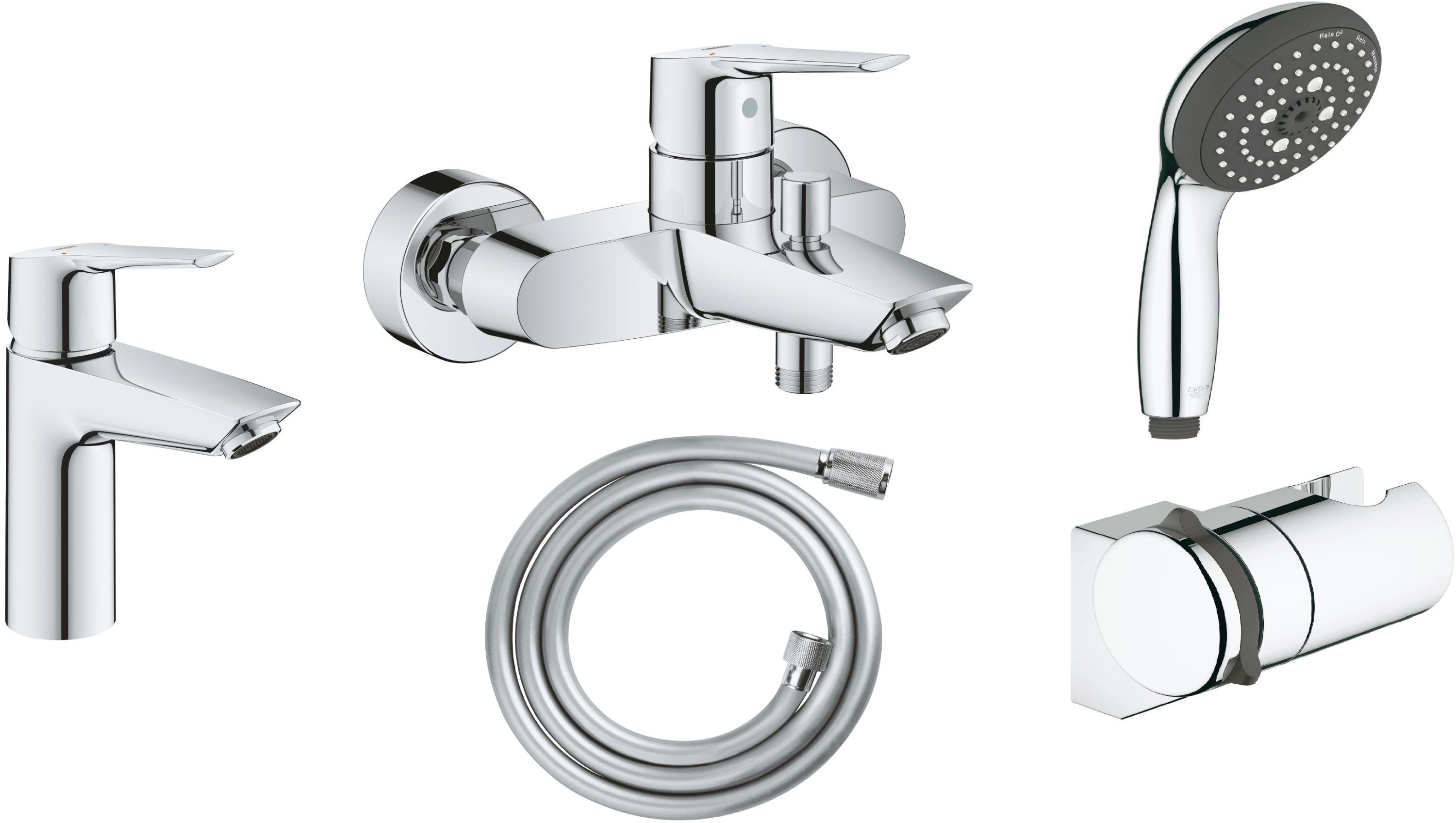 Zestaw Grohe Start bateria umywalkowa z baterią wannowo-prysznicową i zestawem prysznicowym Vitalio chrom (23550002, 24206002, 26031000, 26183000, 28741001)