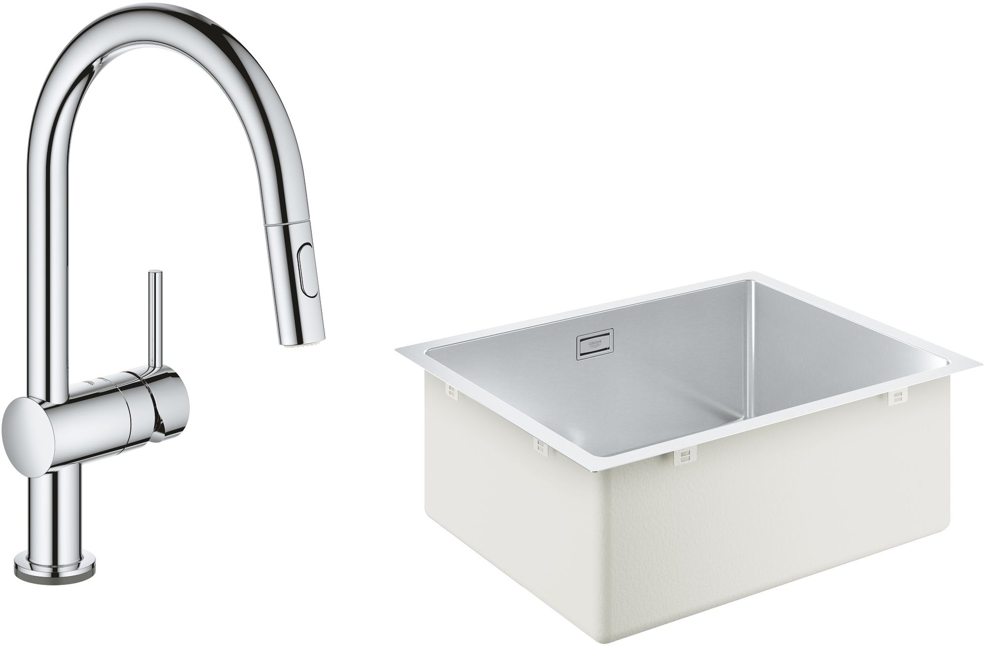 Készlet konyhai csaptelep Grohe Minta 31358002, acél mosogató Grohe K700 31574SD1