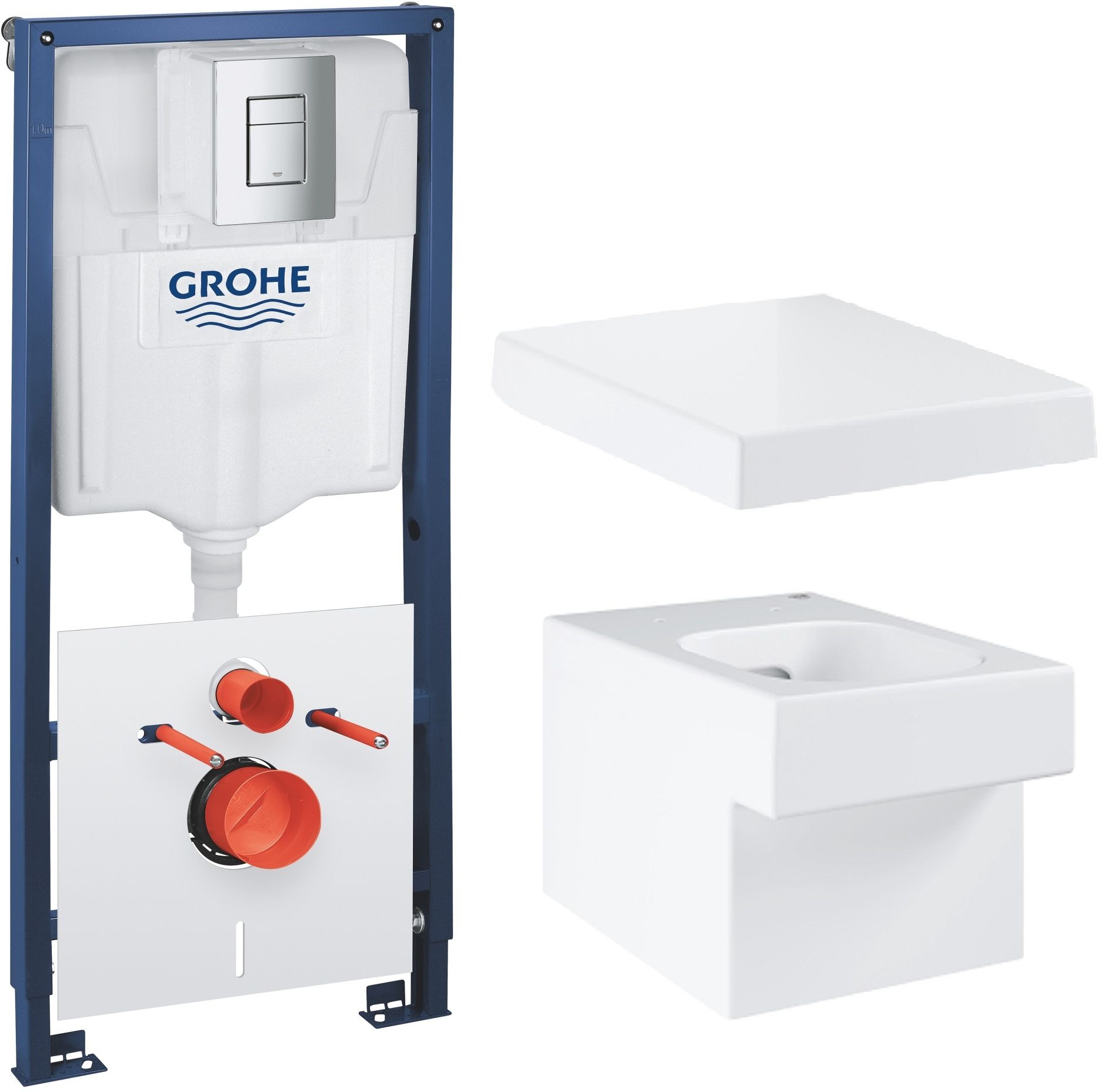 Készlet WC csésze Grohe Cube Ceramic 3924500H, süllyesztett keret gombbal és tömítéssel Grohe Solido 39930000, 39488000
