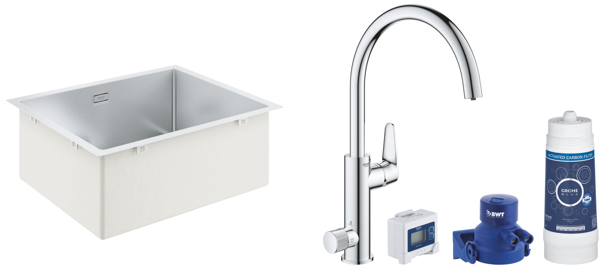 Készlet kezdőkészlet konyhai csapteleppel Grohe Blue 30385000, acél mosogató Grohe K700 31726SD0