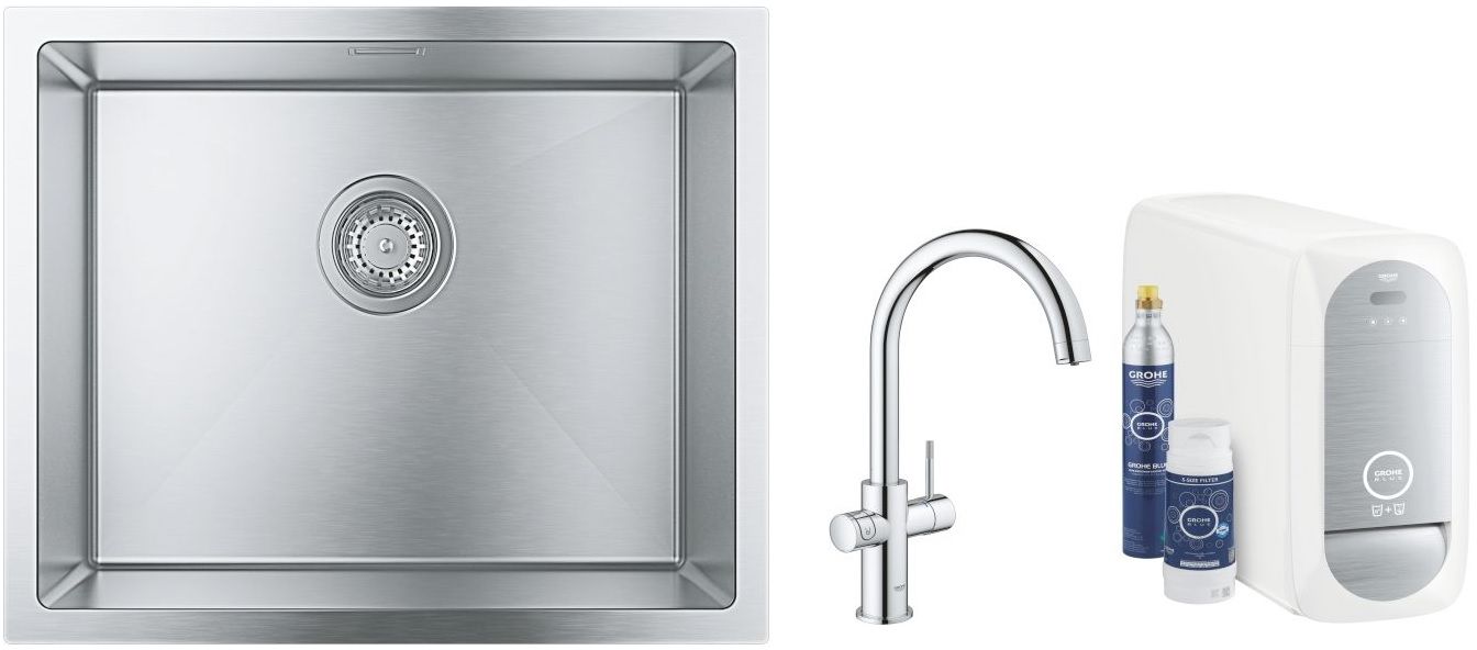 Készlet konyhai csaptelep szűrővel Grohe Blue 31455001, acél mosogató Grohe K700 31726SD0