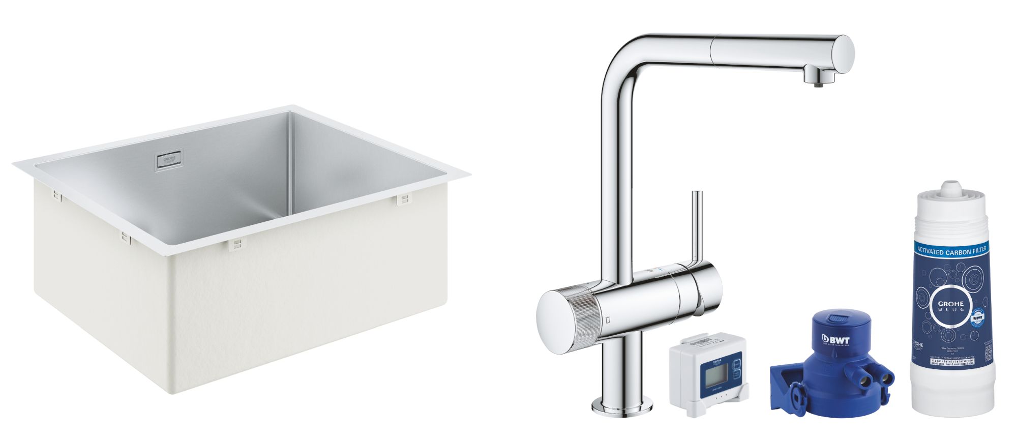 Készlet konyhai csaptelep szűrővel Grohe Blue 31455001, acél mosogató Grohe K700 31726SD0