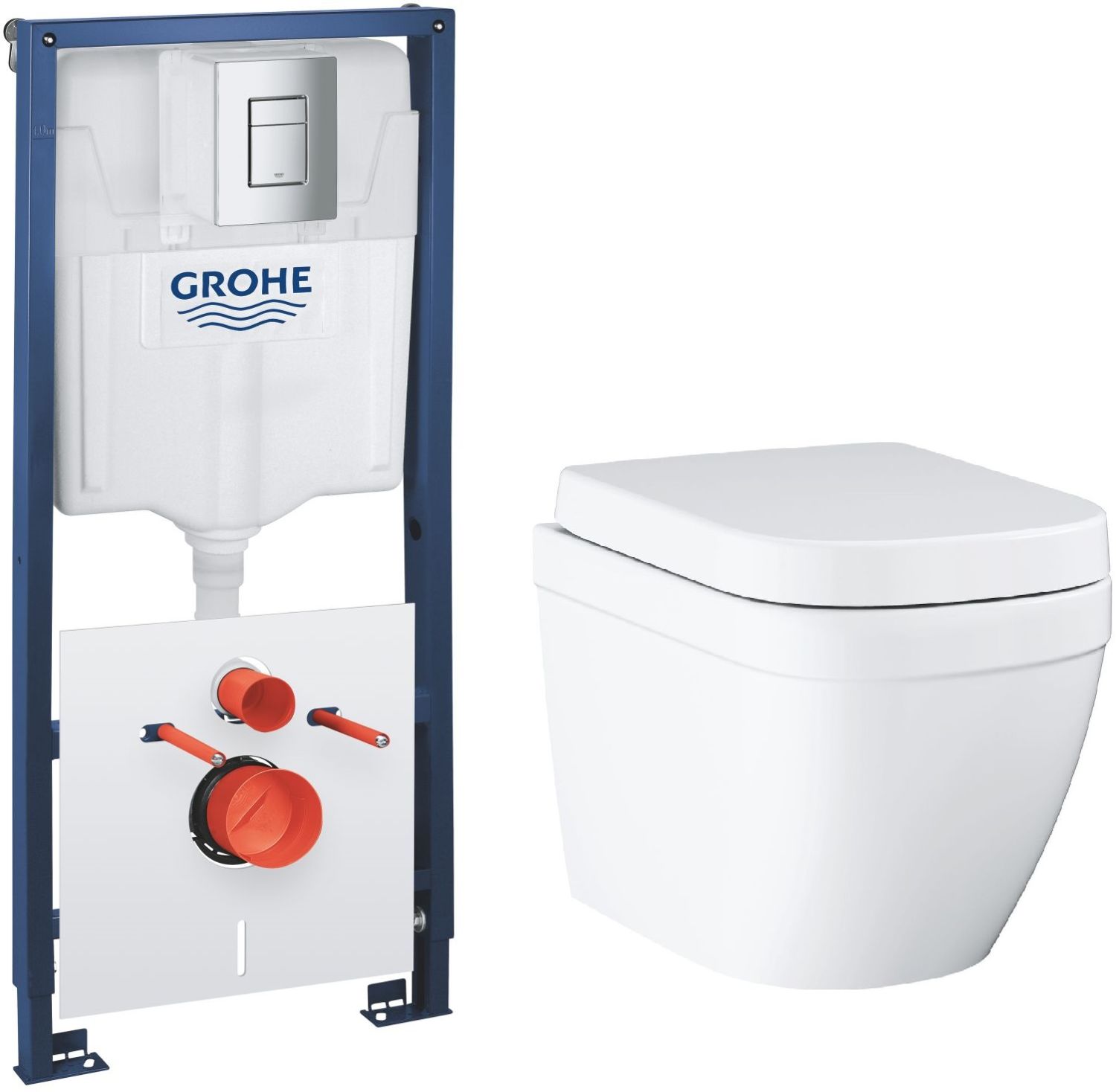 Készlet WC csésze lassú záródású ülőkével Grohe Euro Ceramic 39693000, süllyesztett keret gombbal és tömítéssel Grohe Solido 39930000