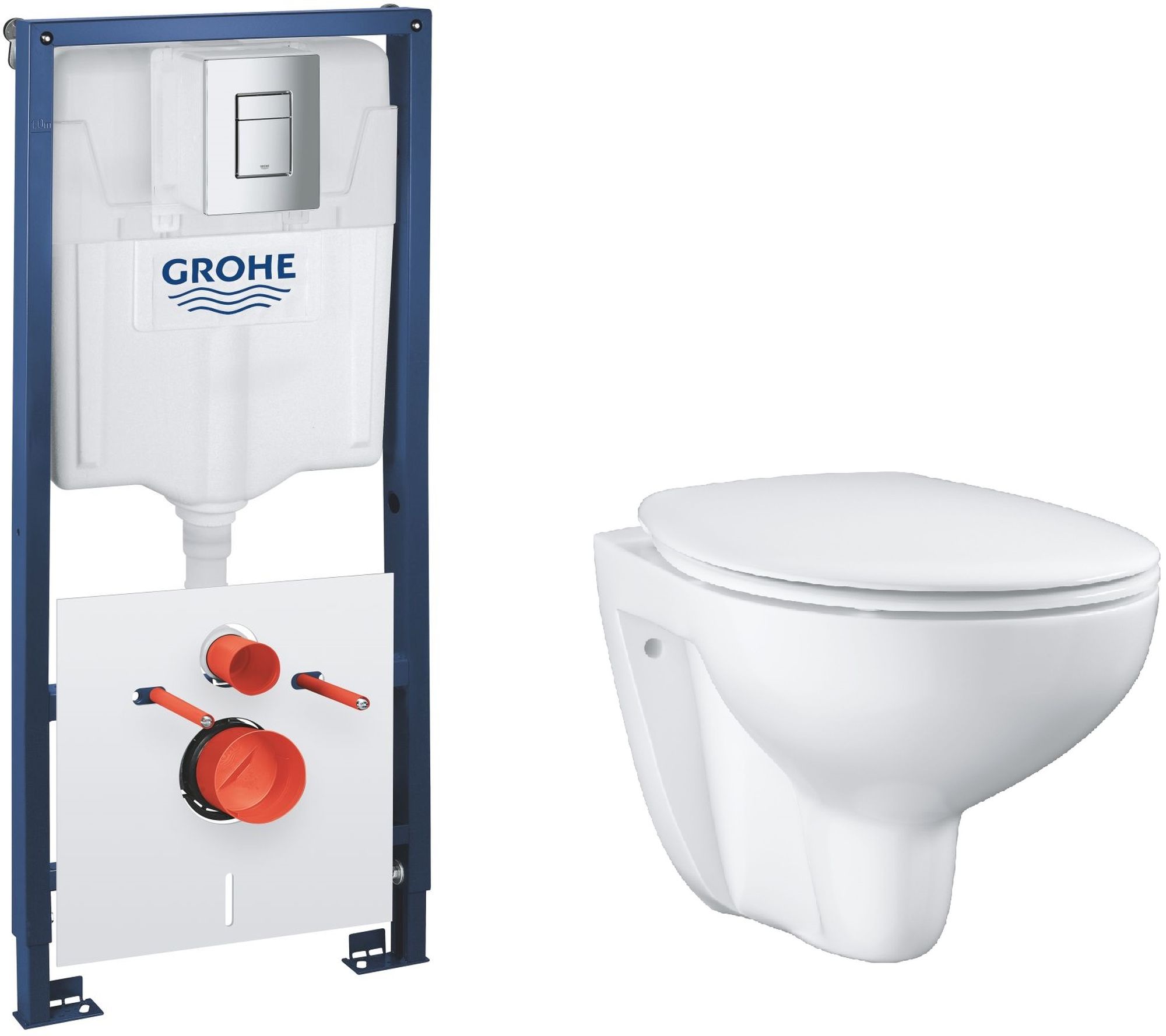 Készlet süllyesztett keret gombbal és tömítéssel Grohe Solido 39930000, WC csésze lassú záródású ülőkével Grohe Bau Ceramic 39351000