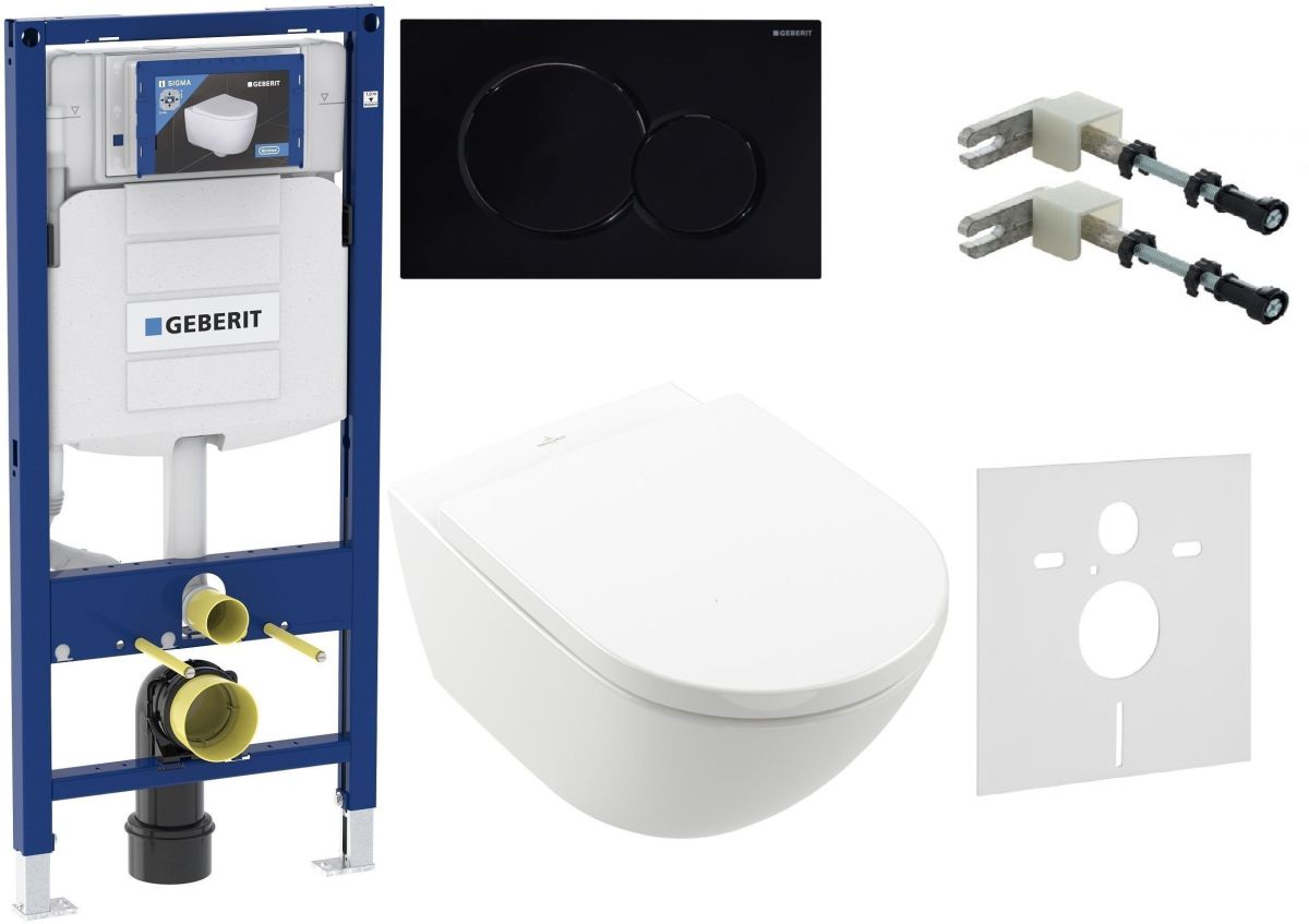 Set Wc csésze + WC ülőke szett Villeroy & Boch Subway 3.0 4670TSR1, beépíthető keret Geberit Duofix 111.320.00.5, 115.770.DW.5, 111.815.00.1, 156.050.00.1