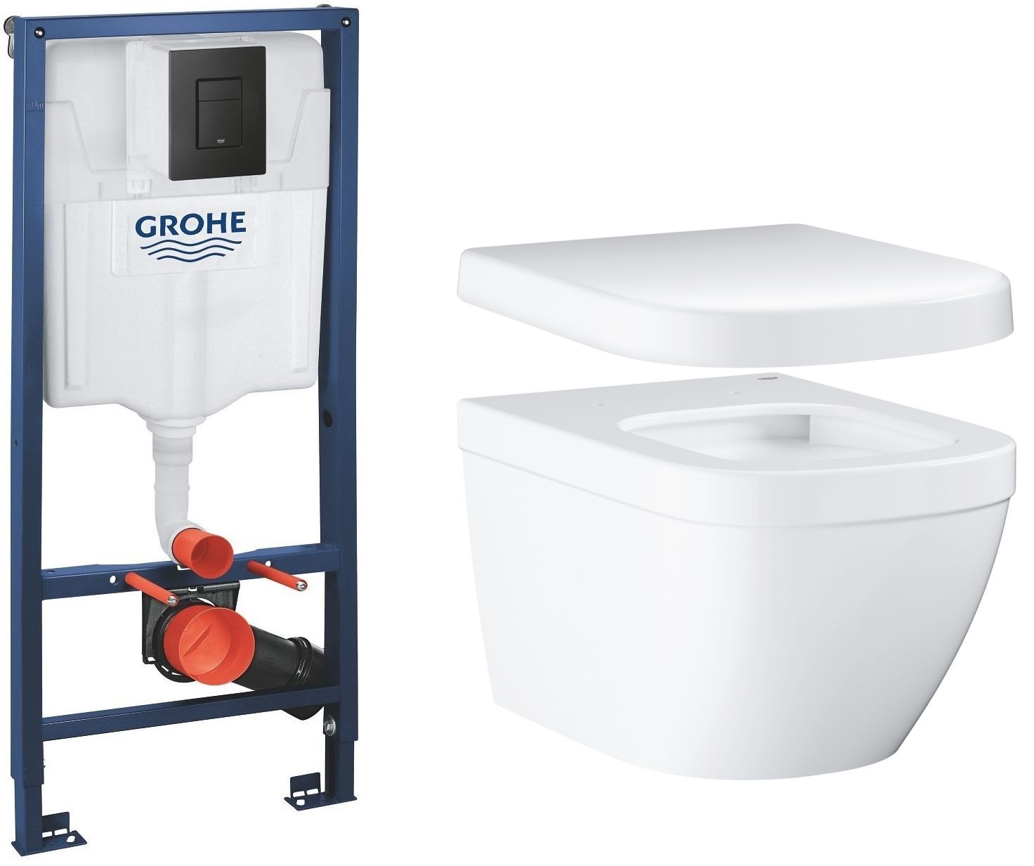 Zestaw Grohe Solido stelaż podtynkowy WC z przyciskiem Even czarny mat i miską WC Euro Ceramic wiszącą PureGuard z deską (38811KF0, 3932800H, 39331001)