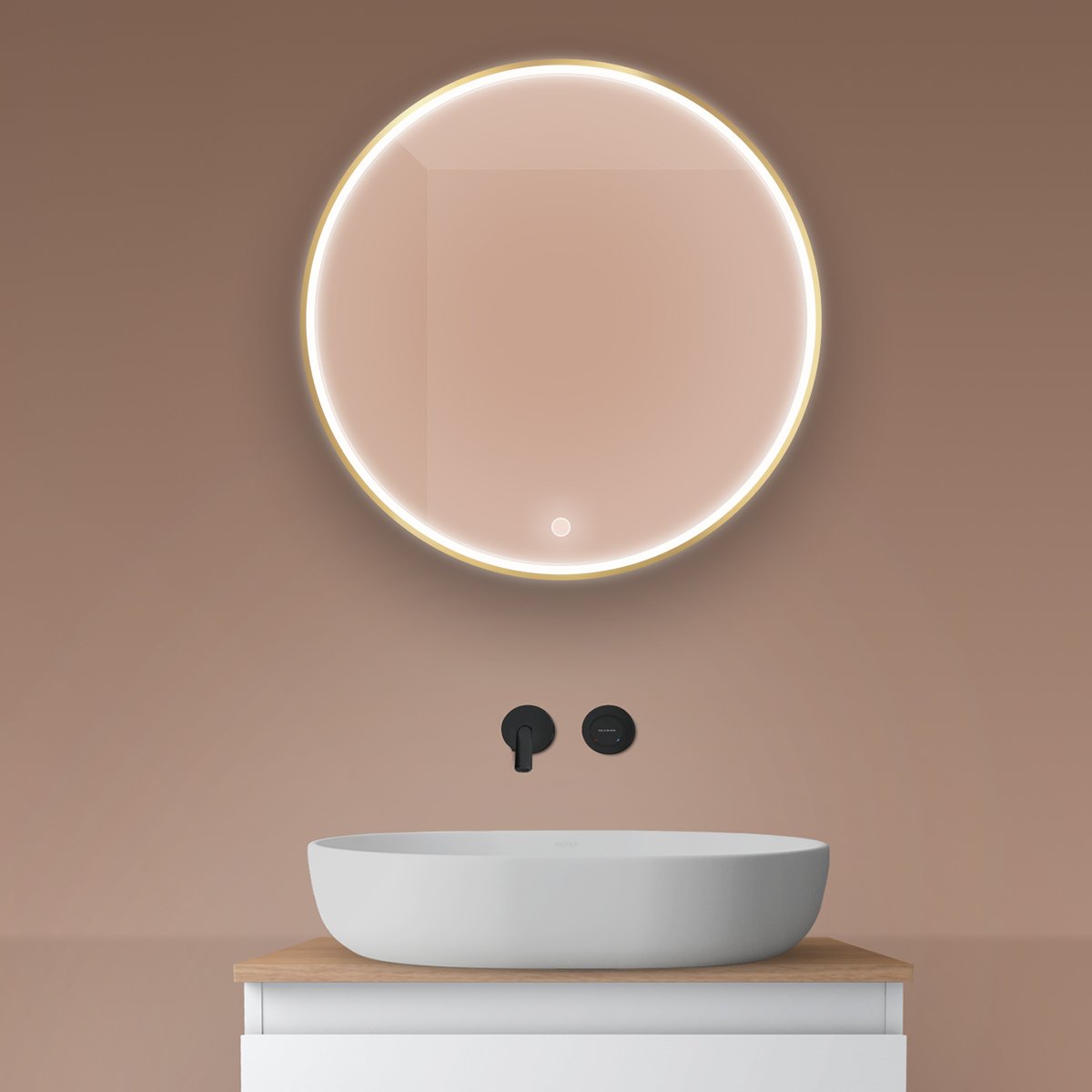 Oltens Nordlis tükör 60x60 cm kerek világítással páramentesítő fóliával arany 64100800