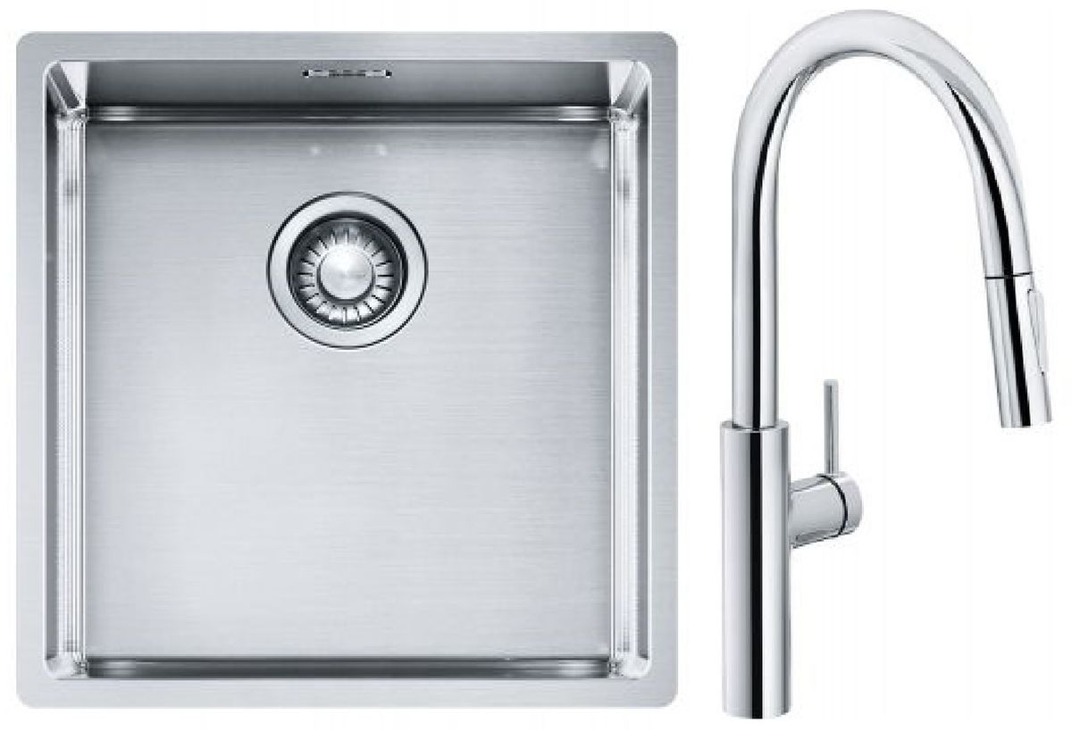 Készlet konyhai csaptelep Franke Pescara L Slide-In 115.0538.940, acél mosogató Franke Box 127.0453.654