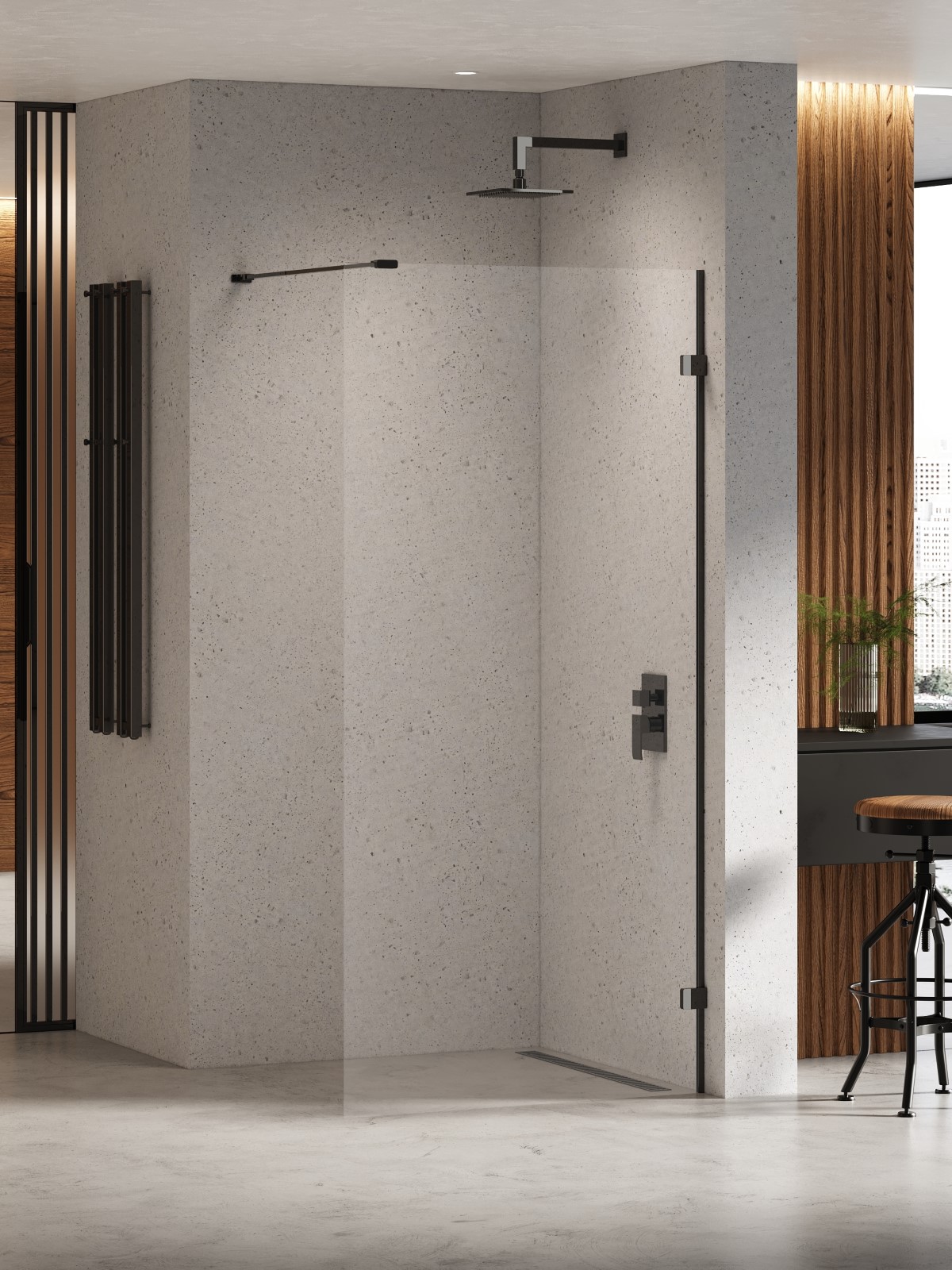 New Trendy Eventa Black Chrome zuhanykabin fal walk-in 130 cm fekete fényes/átlátszó üveg EXK-6301