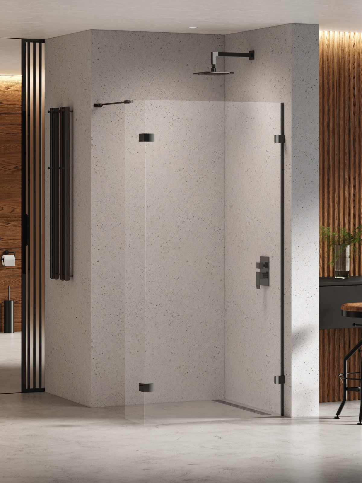 New Trendy Eventa Black Chrome zuhanykabin fal walk-in 130 cm fekete fényes/átlátszó üveg EXK-6313