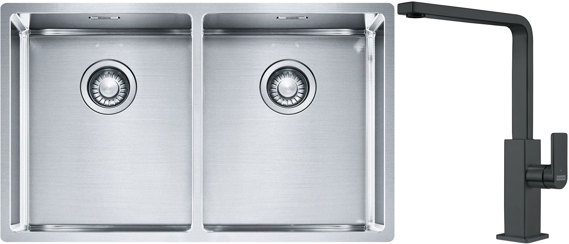 Készlet acél mosogató Franke Box 127.0370.188, konyhai csaptelep Franke Mythos 115.0550.441