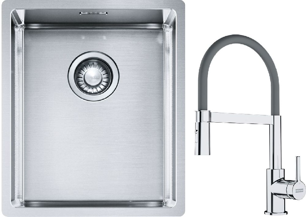 Készlet acél mosogató Franke Box 127.0453.653, konyhai csaptelep Franke Lina 115.0626.087, 112.0545.792