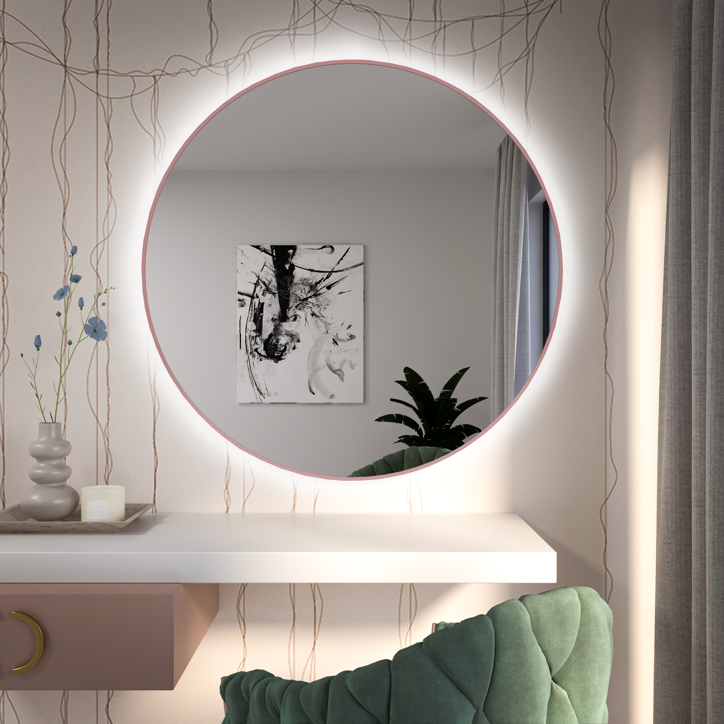 Baltica Design Tiny Border Bright tükör 80x80 cm kerek világítással rózsaszín 5904107930619