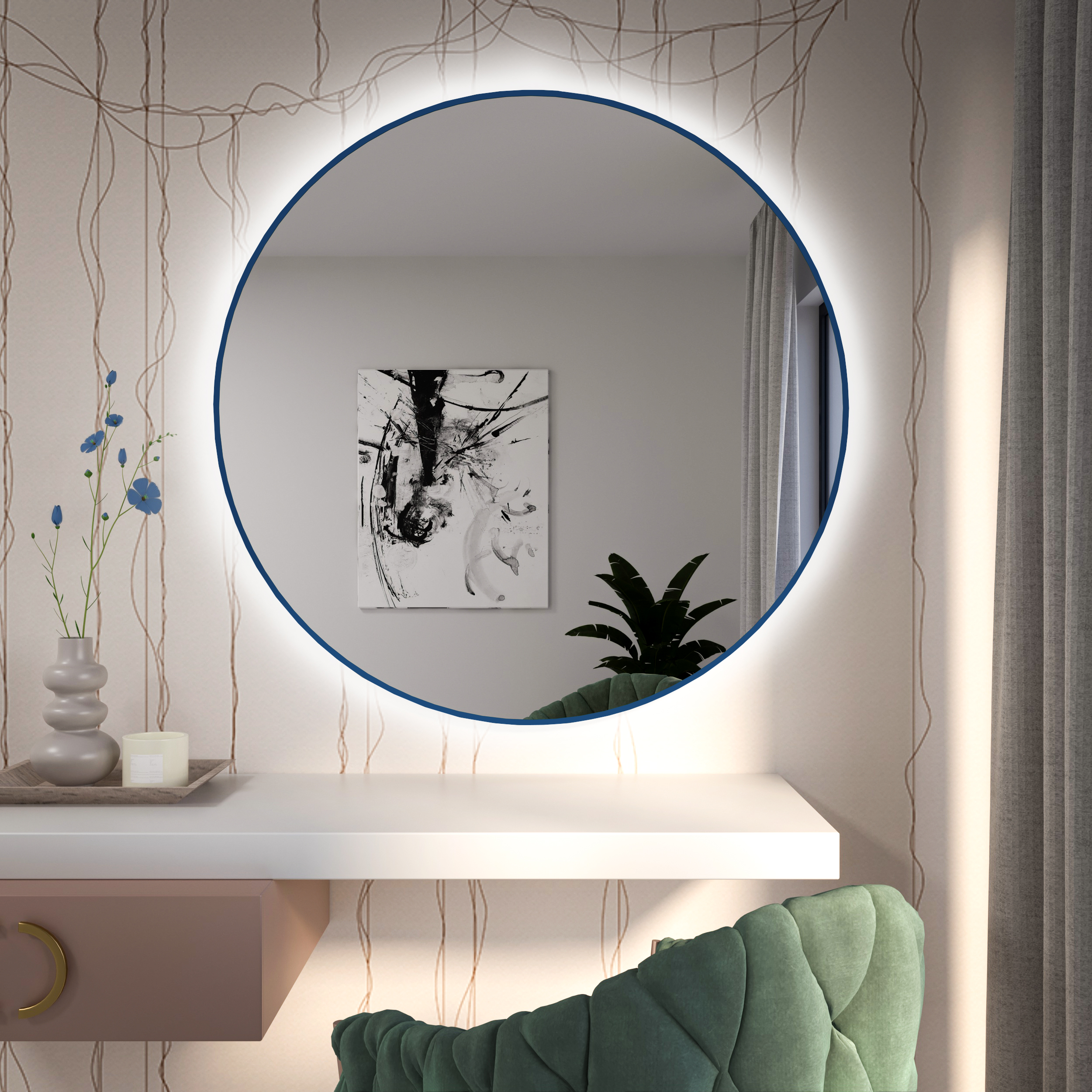 Baltica Design Tiny Border Bright tükör 90x90 cm kerek világítással kék 5904107930824
