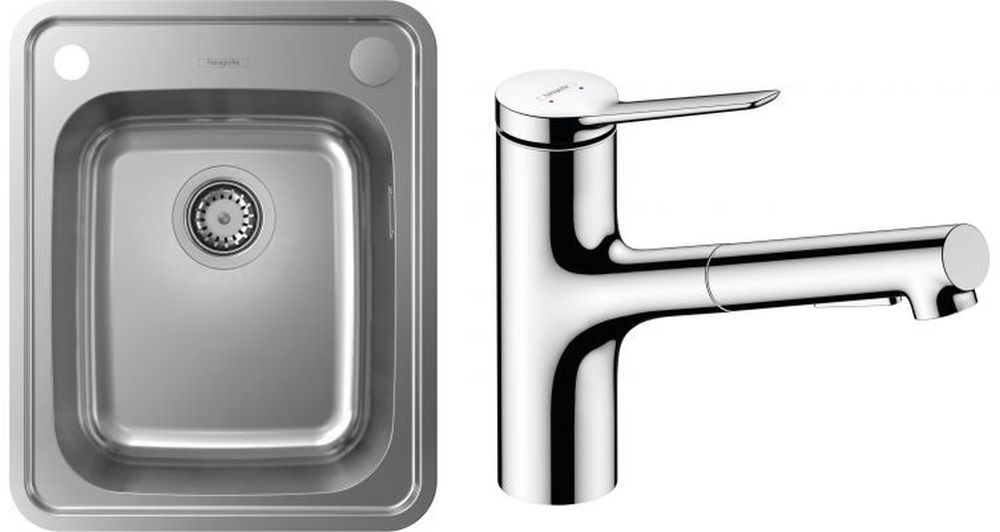 Készlet acél mosogató Hansgrohe S41 43334800, konyhai csaptelep Hansgrohe Zesis M33 74800000