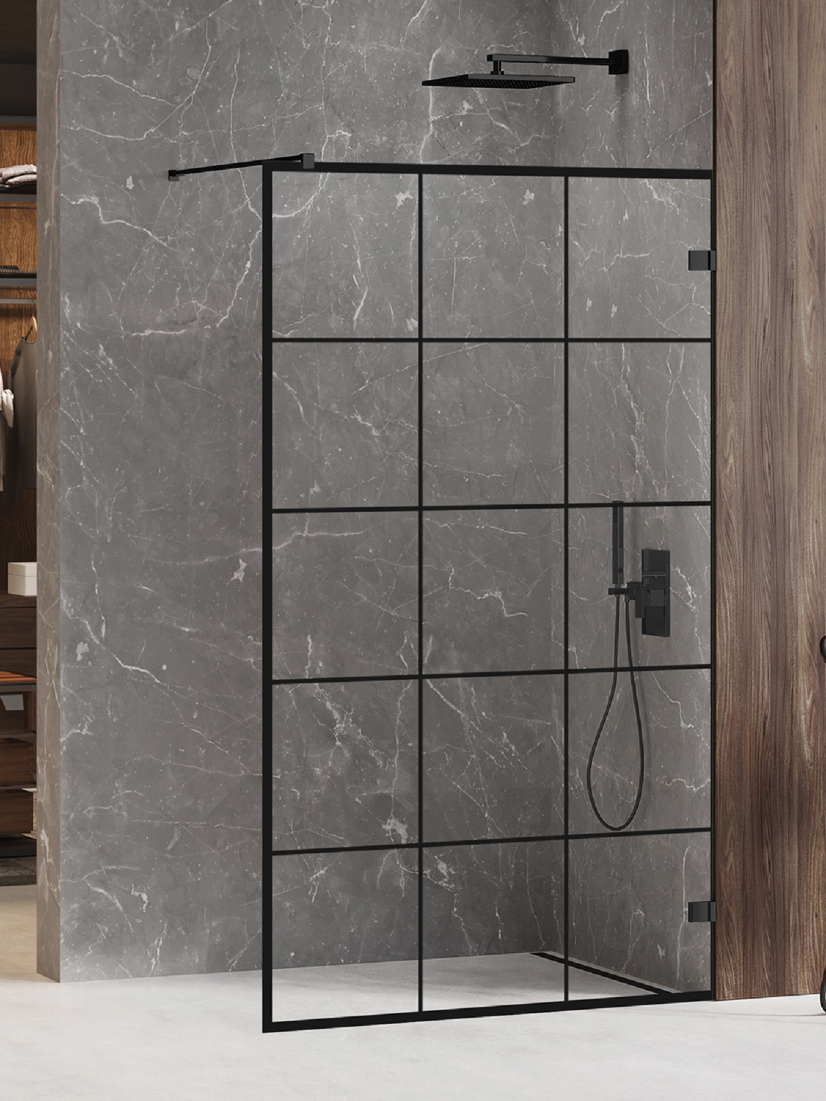 New Trendy Avexa Black zuhanykabin fal walk-in 130 cm fekete matt üveg/átlátszó üveg EXK-2026