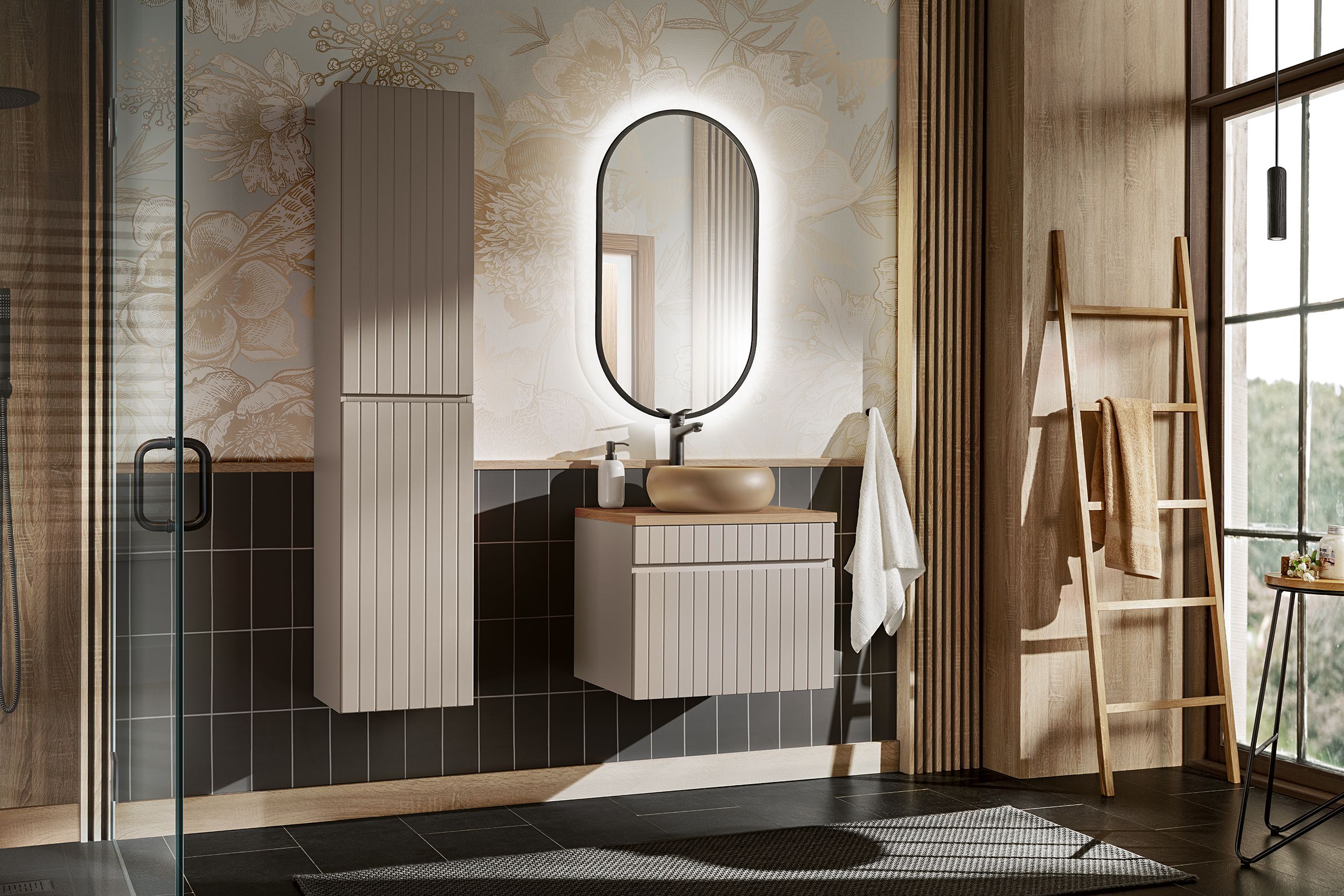 Készlet tükör Comad Apollo LUSTRO APOLLO BLACK, szekrény Comad Iconic Cashmere ICONIC CASHMERE 80-01-D-2D, ICONIC CASHMERE 82-60-D-1S, UN-WIKI-MC, BLAT 89-60-A OAK COAST EVOKE