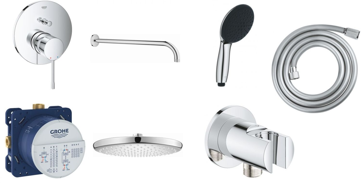 Készlet kád és zuhany csaptelep Grohe Essence 24058001, fejzuhany Grohe Vitalio Start Shower System 26815000, 35600000, 27851000, 26962001, 2794610E, 28741002