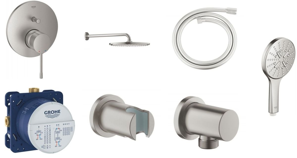 Készlet fejzuhany Grohe Rainshower 26066DC0, kád és zuhany csaptelep Grohe Essence 24058DC1, 26574DC0, 27057DC0, 35600000, 27074DC0, 28362DC0