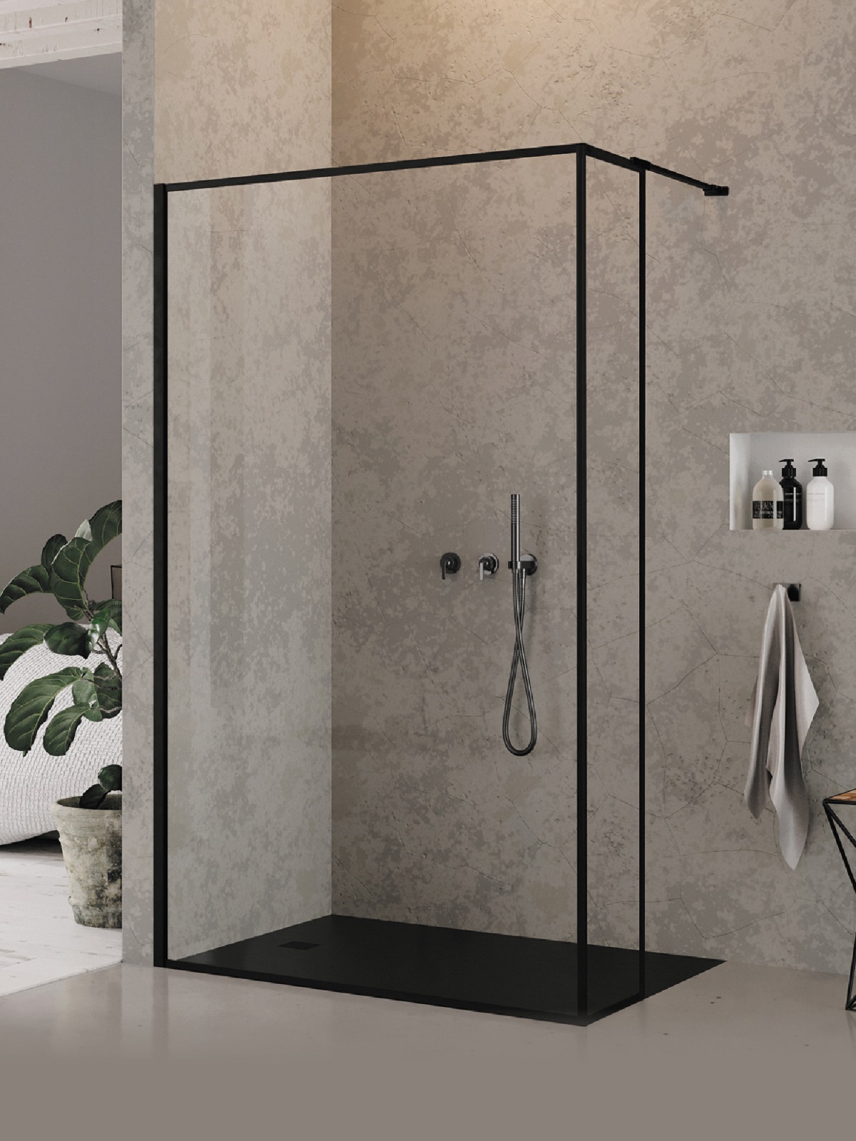 New Trendy New Modus Black zuhanykabin fal walk-in 140 cm fekete matt üveg/átlátszó üveg EXK-5587