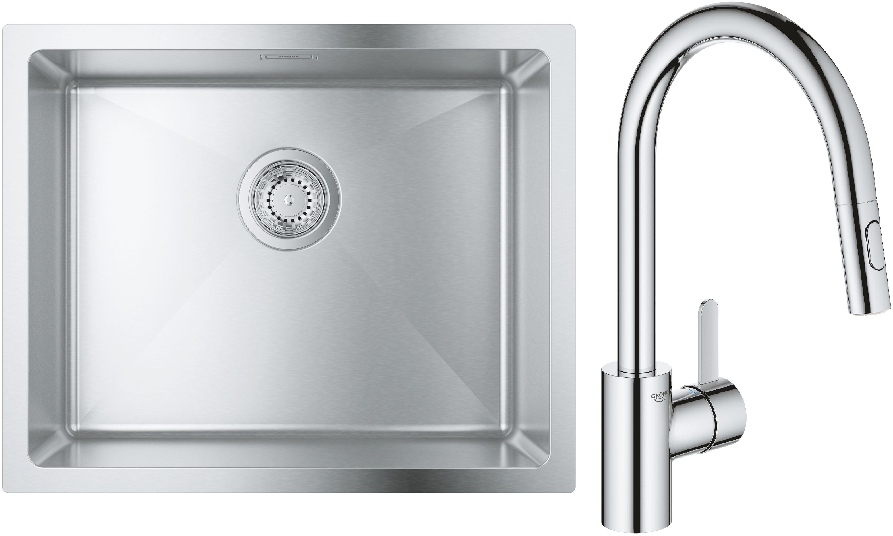 Készlet acél mosogató Grohe K700 31574SD1, konyhai csaptelep Grohe Eurosmart Cosmopolitan 31481001