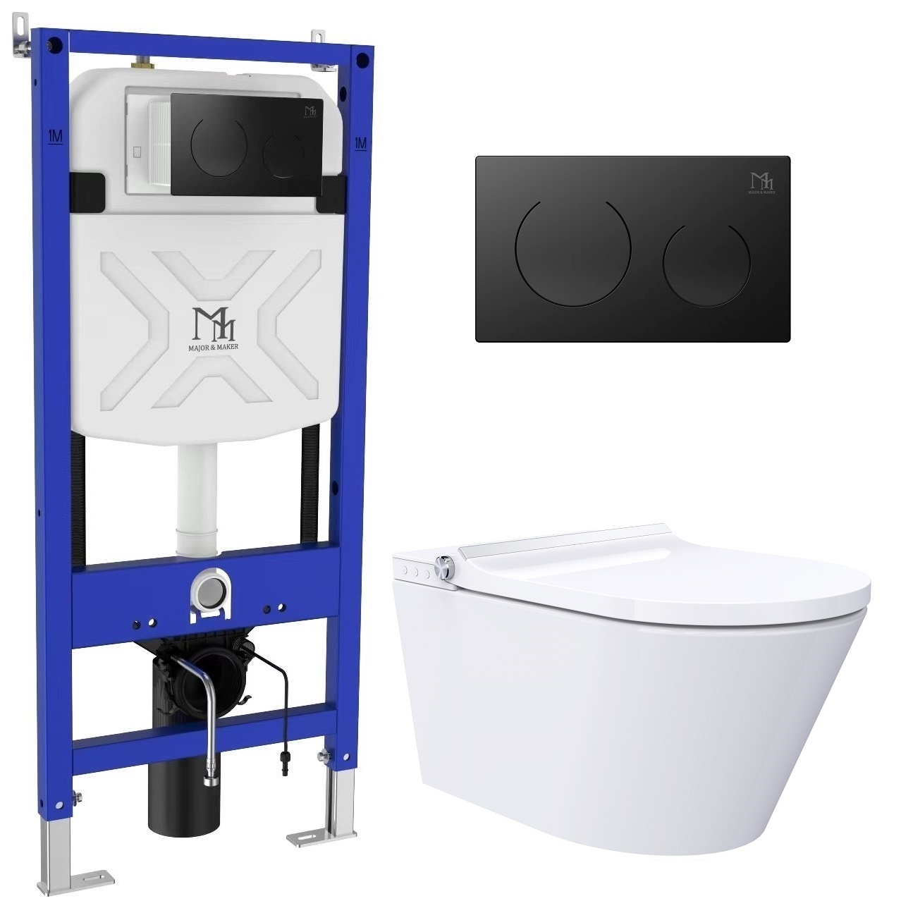 Major&Maker Classic + Coral Black mosó funkcióval ellátott wc, szerelő kerettel és öblítő gombbal függő perem nélkül fehér 4050FWS200302B