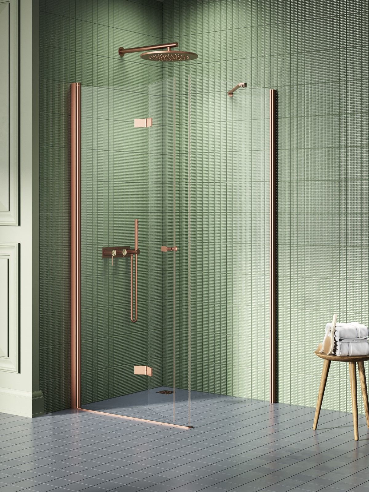 New Trendy New Soleo Copper Brushed zuhanykabin 90x80 cm négyszögletes réz csiszolt/átlátszó üveg K-2040