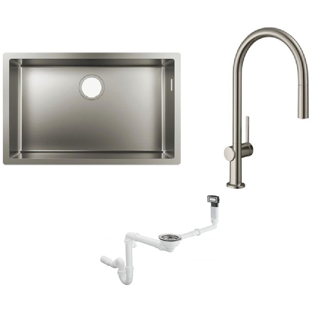 Készlet konyhai csaptelep Hansgrohe Talis M54 72803800, acél mosogató Hansgrohe S 71 43428800, 43921800