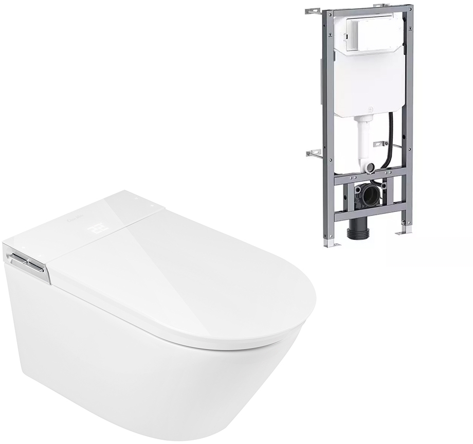Clean Wave Breeze mosó funkcióval ellátott wc, szerelő kerettel és öblítő gombbal függő perem nélkül mély öblítéssel fehér B700SET