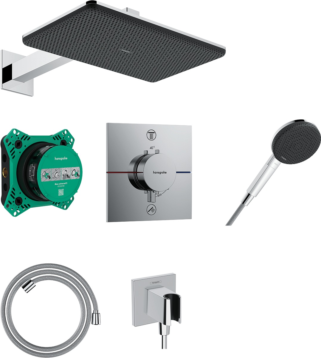 Hansgrohe Raindance Alive Q zuhany készlet beépített termosztáttal trópusi zuhany opcióval króm 24620000