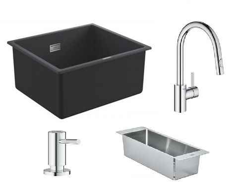 Készlet gránit mosogató Grohe K700 31653AP0, konyhai csaptelep Grohe Eurosmart Cosmopolitan 31481001, 40852SD0, 40535000