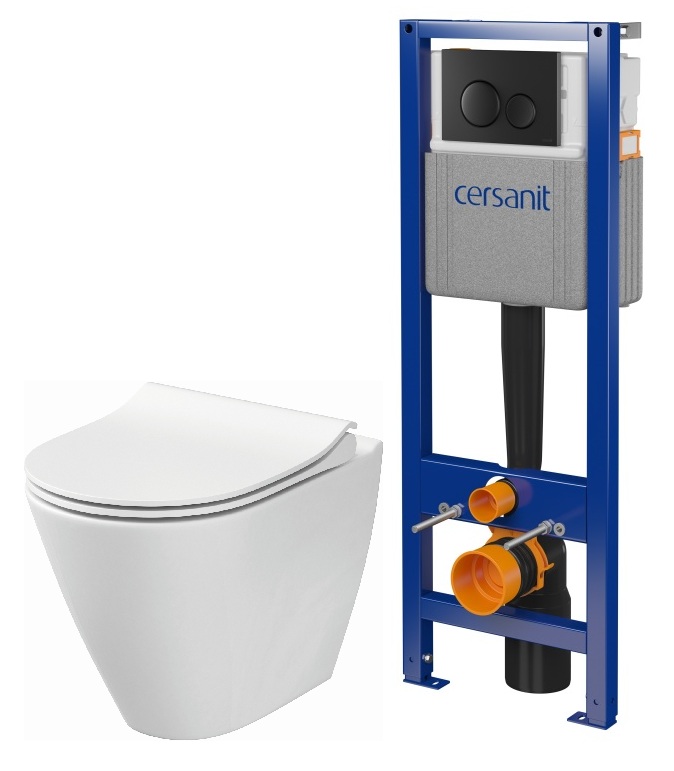 Készlet WC csésze lassú záródású ülőkével Cersanit City K701-104, keret készlet öblítő gombbal Cersanit S701-779