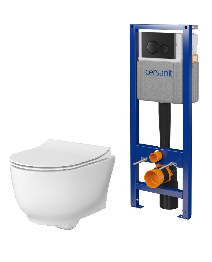 Készlet WC csésze lassú záródású ülőkével Cersanit Luna S701-871, falsík alatti keret öblítőgombbal Cersanit S701-779