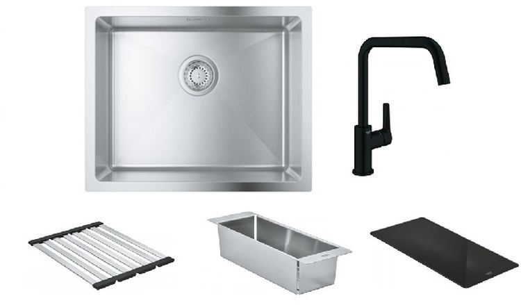 Készlet acél mosogató Grohe K700 31574SD1, konyhai csaptelep Grohe Start 304702430, 40852SD0, 40856SD0, 40786K00