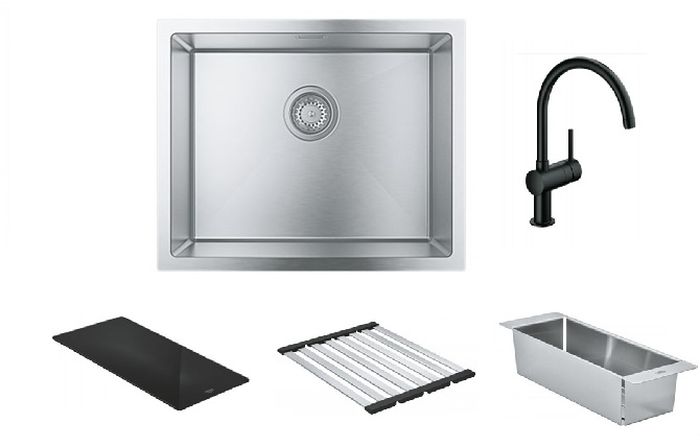 Készlet acél mosogató Grohe K700 31726SD0, konyhai csaptelep Grohe Minta 32917KS0, 40852SD0, 40856SD0, 40786K00