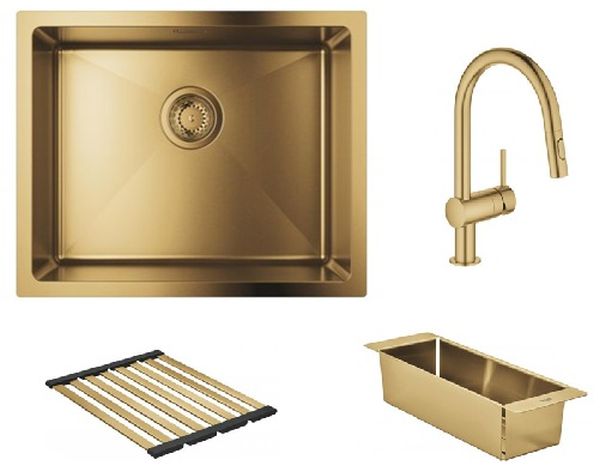 Készlet acél mosogató Grohe K700 31574GN1, konyhai csaptelep Grohe Minta 32321GN2, 40852GN0, 40856GN0