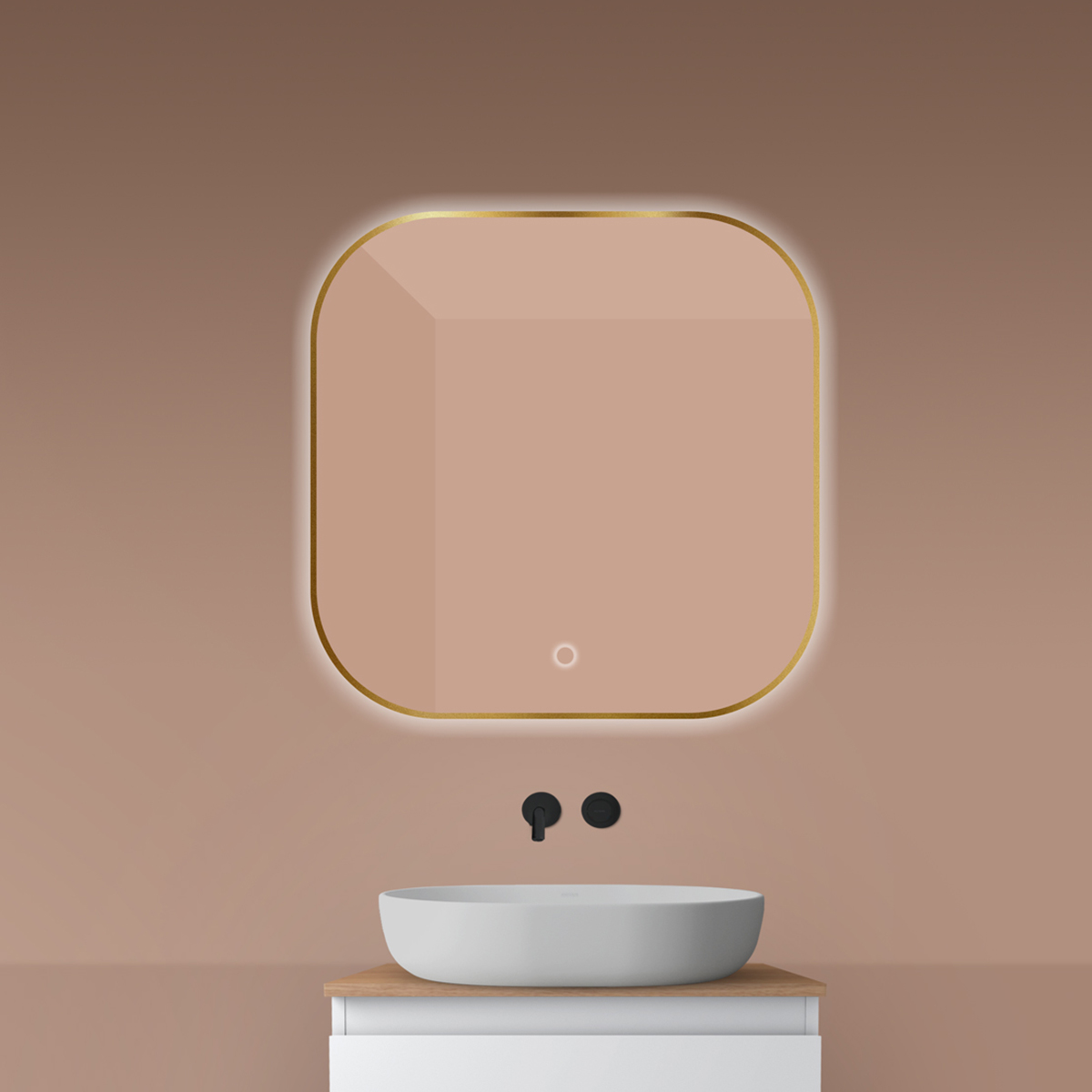 Oltens Nordlis tükör 80x80 cm négyzet világítással páramentesítő fóliával arany 64125810