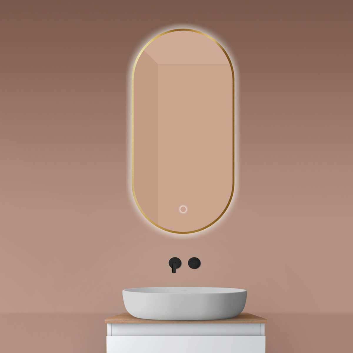 Oltens Nordlis tükör 50x100 cm ovális világítással páramentesítő fóliával arany 64129810