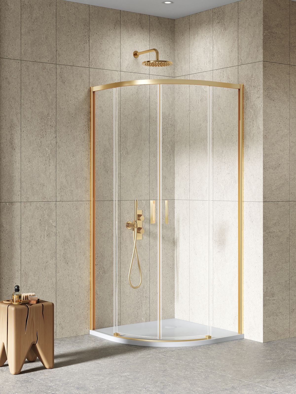 New Trendy Prime Gold Brushed zuhanykabin 90x90 cm félkör alakú arany csiszolt/átlátszó üveg K-3589