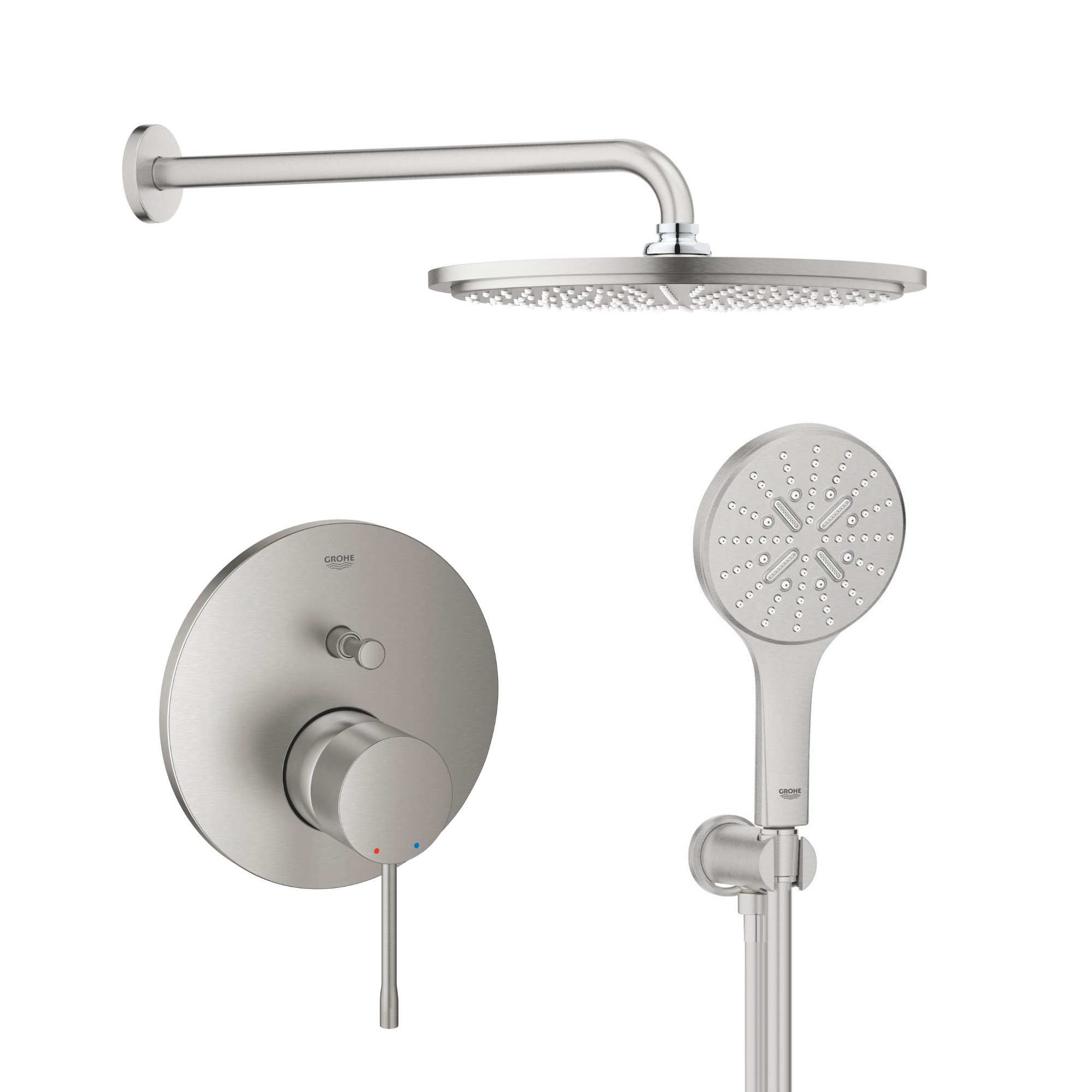 Készlet fejzuhany Grohe Rainshower 26066DC0, kád és zuhany csaptelep Grohe Essence 24058DC1, 26574DC0, 26658DC0, 28362DC1