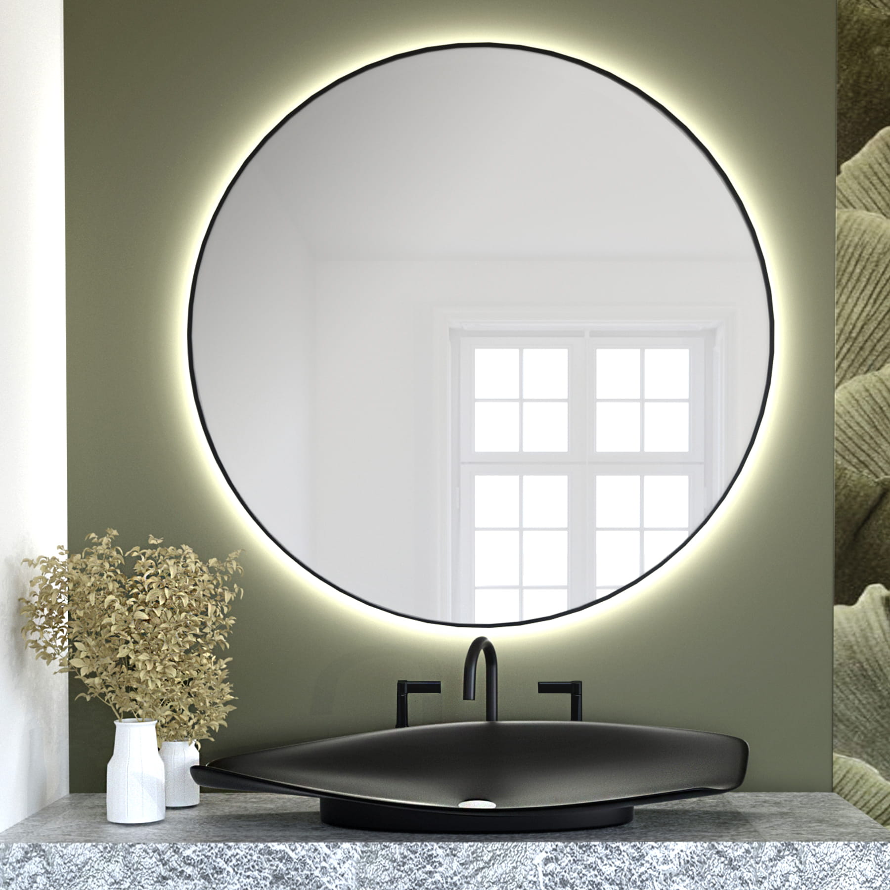 Baltica Design Tiny Border Bright tükör 90x90 cm kerek világítással páramentesítő fóliával fekete 5904107911625