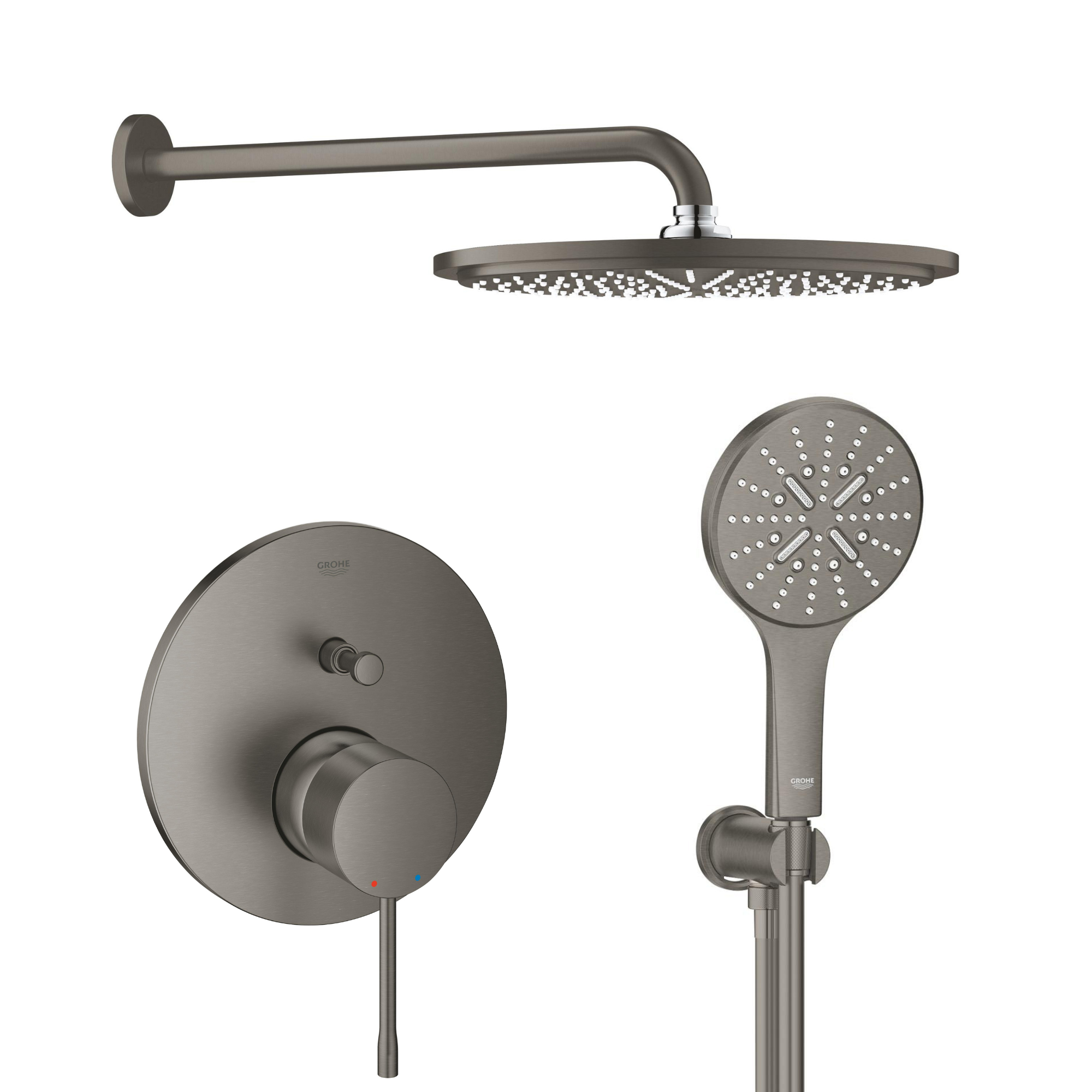 Készlet fejzuhany karral Grohe Rainshower 26066AL0, kád és zuhany csaptelep Grohe Essence 24058AL1, 26574AL0, 26658AL0, 28362A01