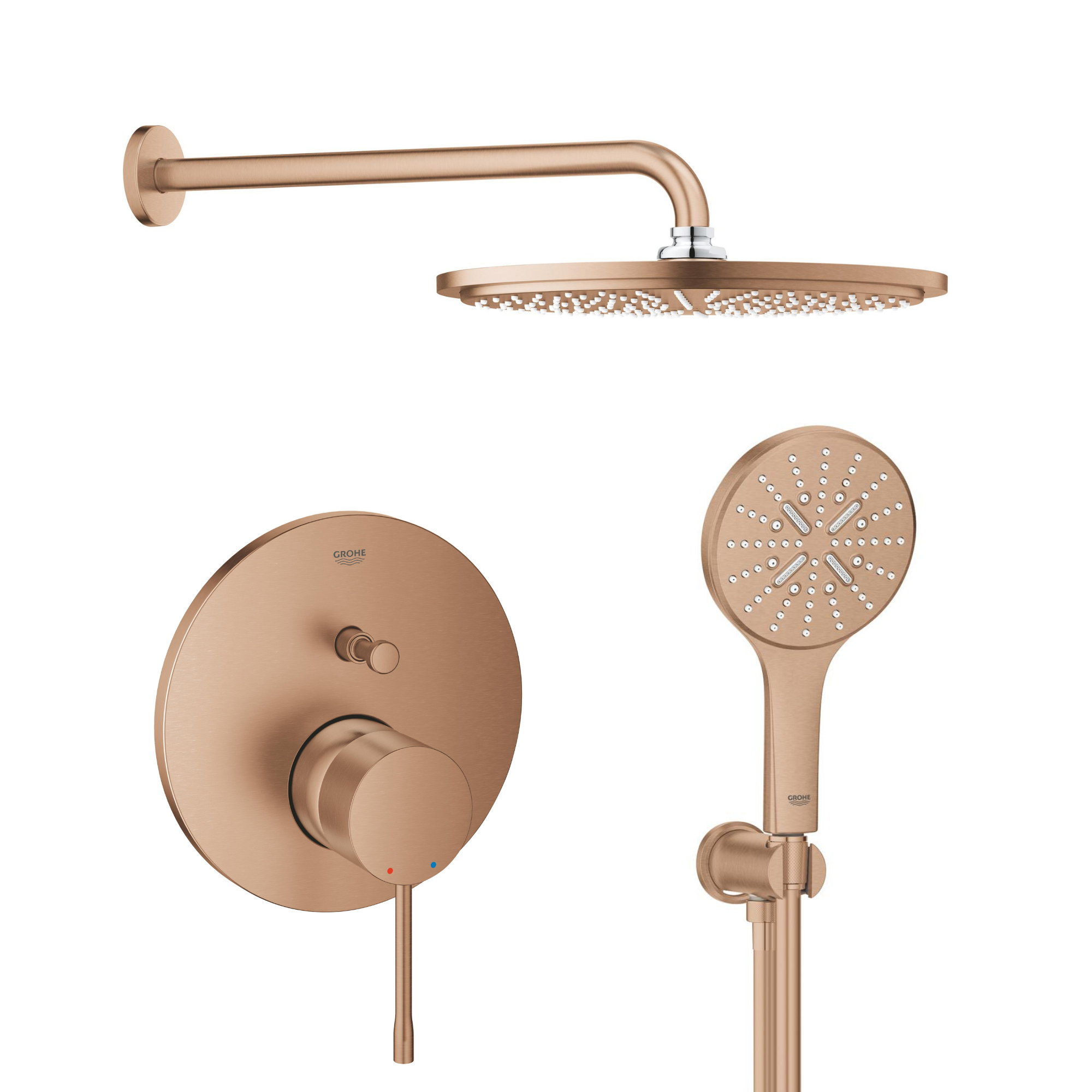 Készlet fejzuhany karral Grohe Rainshower 26066DL0, kád és zuhany csaptelep Grohe Essence 24058DL1, 26574DL0, 26658DL0, 28388DA1