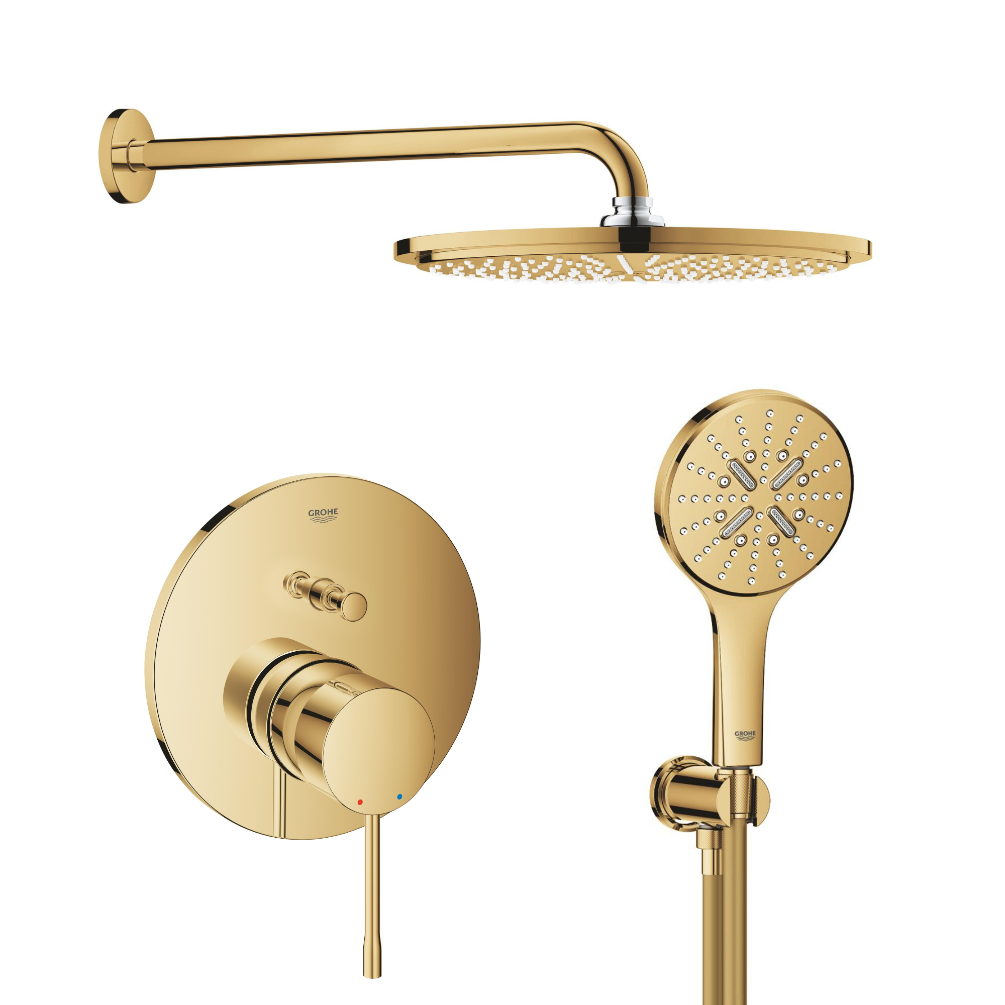Készlet fejzuhany Grohe Rainshower 26066GL0, kád és zuhany csaptelep Grohe Essence 24058GL1, 26574GL0, 26658GL0, 28362GL1