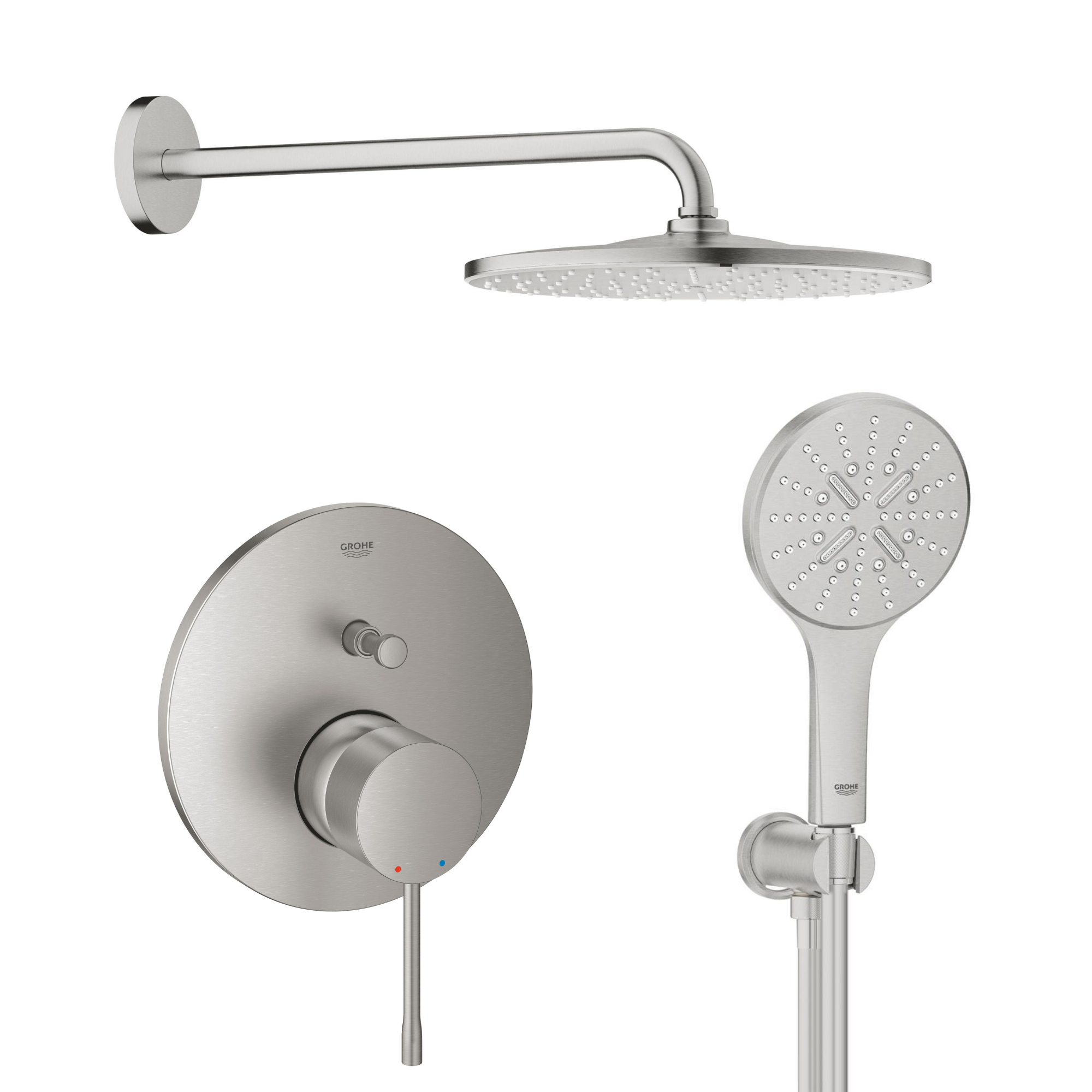 Készlet fejzuhany karral Grohe Rainshower 26558DC0, kád és zuhany csaptelep Grohe Essence 24058DC1, 26574DC0, 26658DC0, 28362DC1