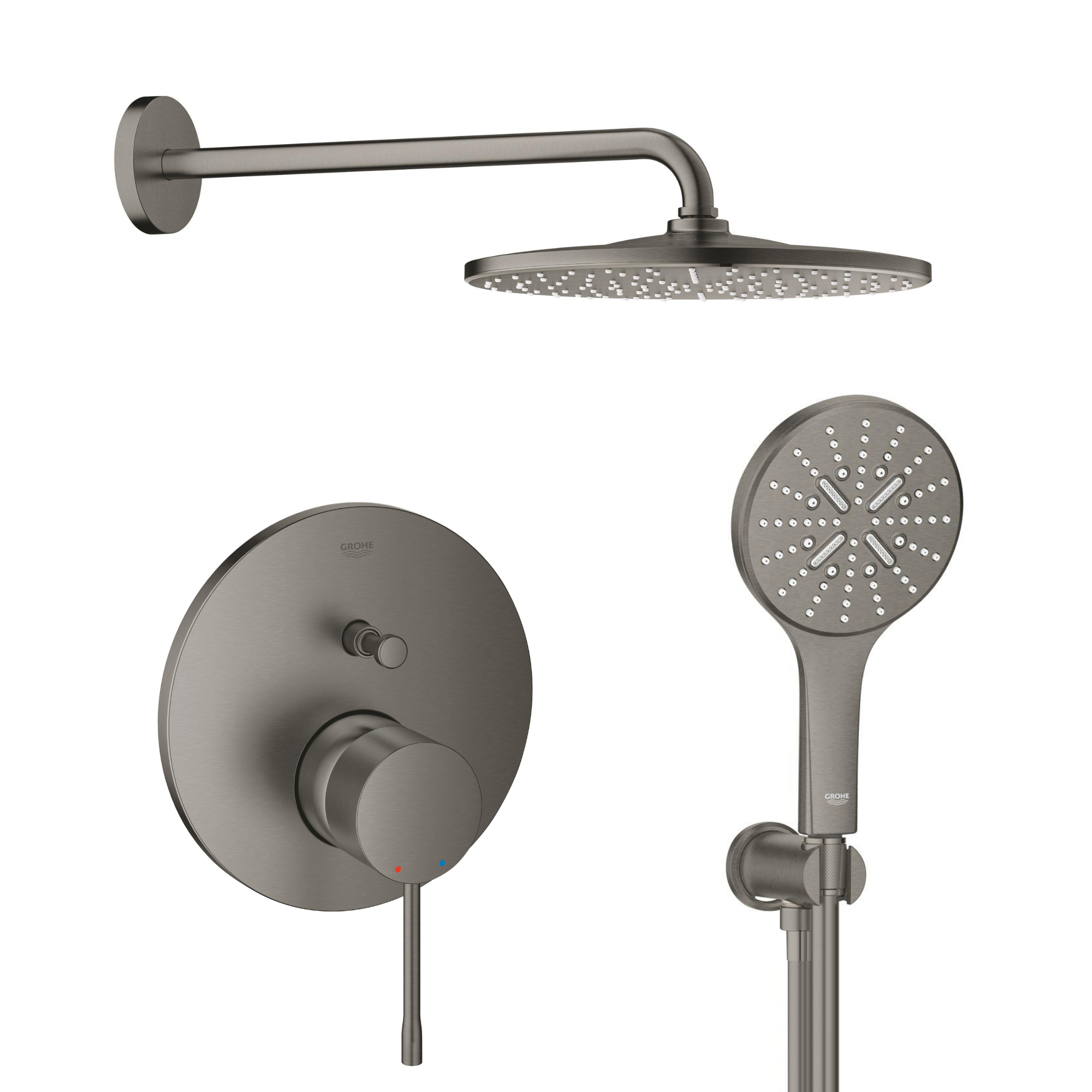 Készlet fejzuhany karral Grohe Rainshower 26558AL0, kád és zuhany csaptelep Grohe Essence 24058AL1, 26574AL0, 26658AL0, 28362A01